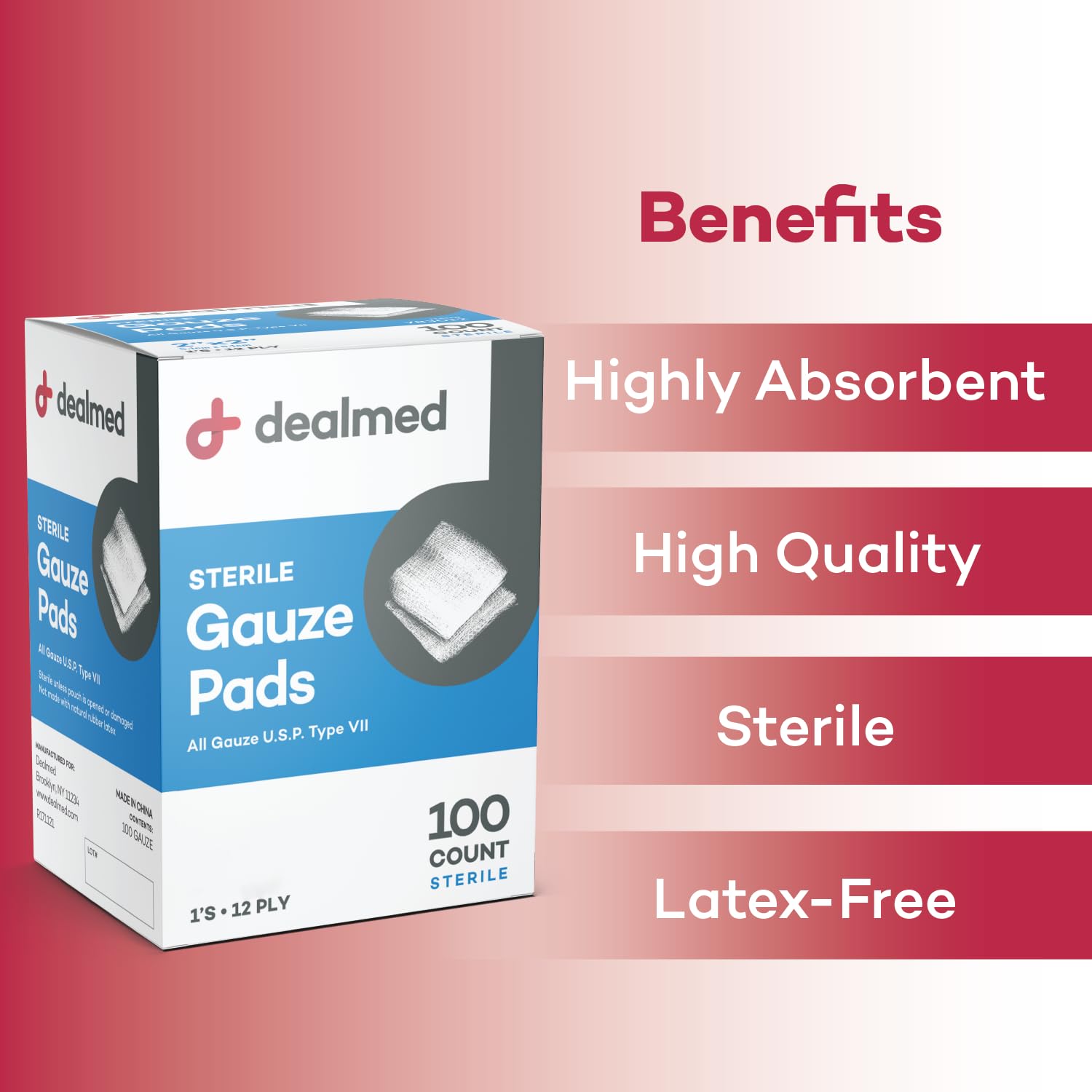Dealmed 4x4 Inch Sterile Gauze Pads - 100 Count Individually Wrapped Wound Dressing for First Aid, Burns & Cuts | Medical Grade Non-Woven Gauze for Hospitals, Clinics & Home First Aid Kits (Pack of 12 Boxes) - Ideal for Emergency Care, Post-Surgical Wound Dressing & Daily First Aid Needs