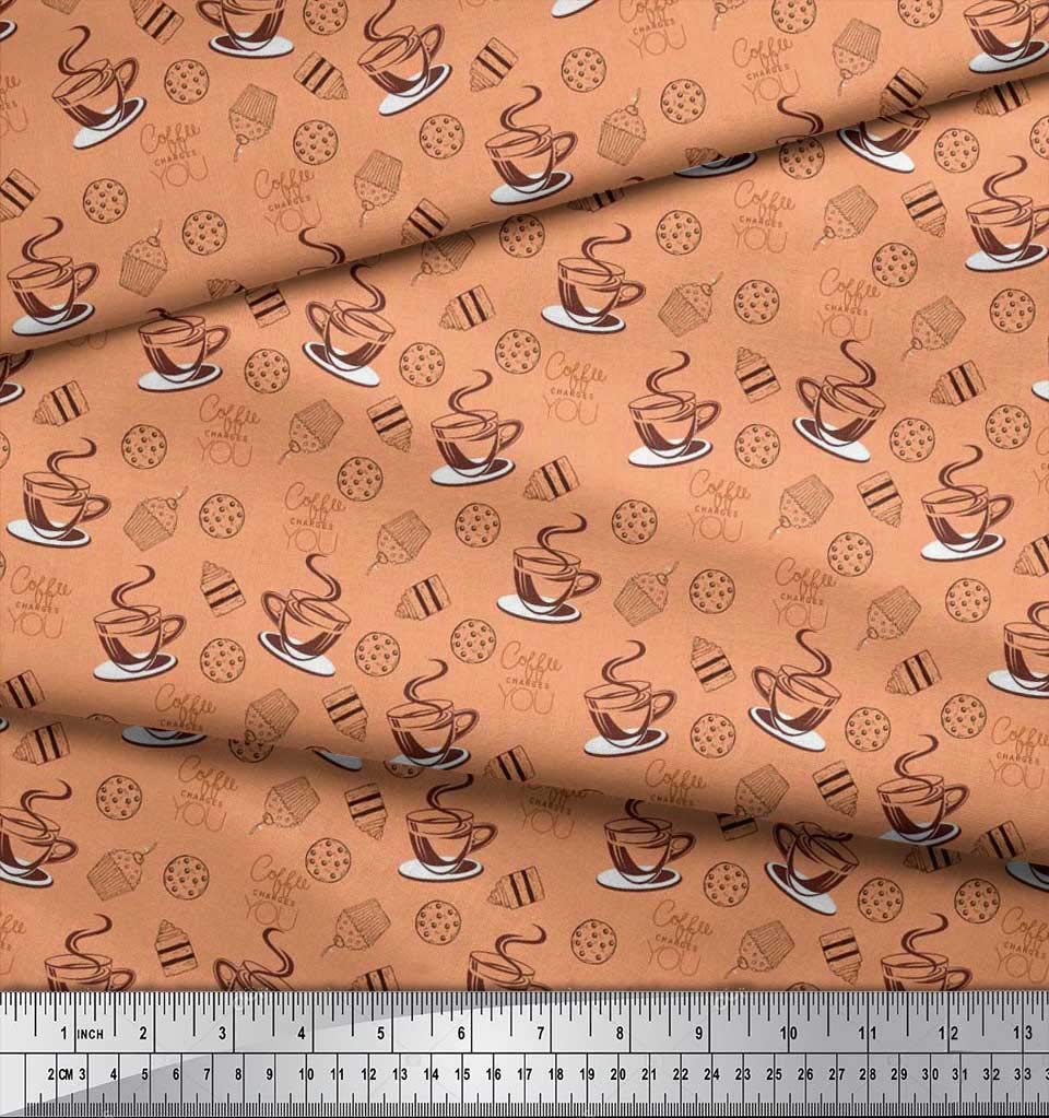 **Soimoi 100% Cotton Poplin Fabric - Orange Coffee Cupcake Print - 42 Inch Wide by The Yard - Soft Textile for Dresses, Curtains, DIY Crafts & Home Decor**    *(Use for sewing apparel, quilting, tablecloths, pillow covers, and handmade gifts)*