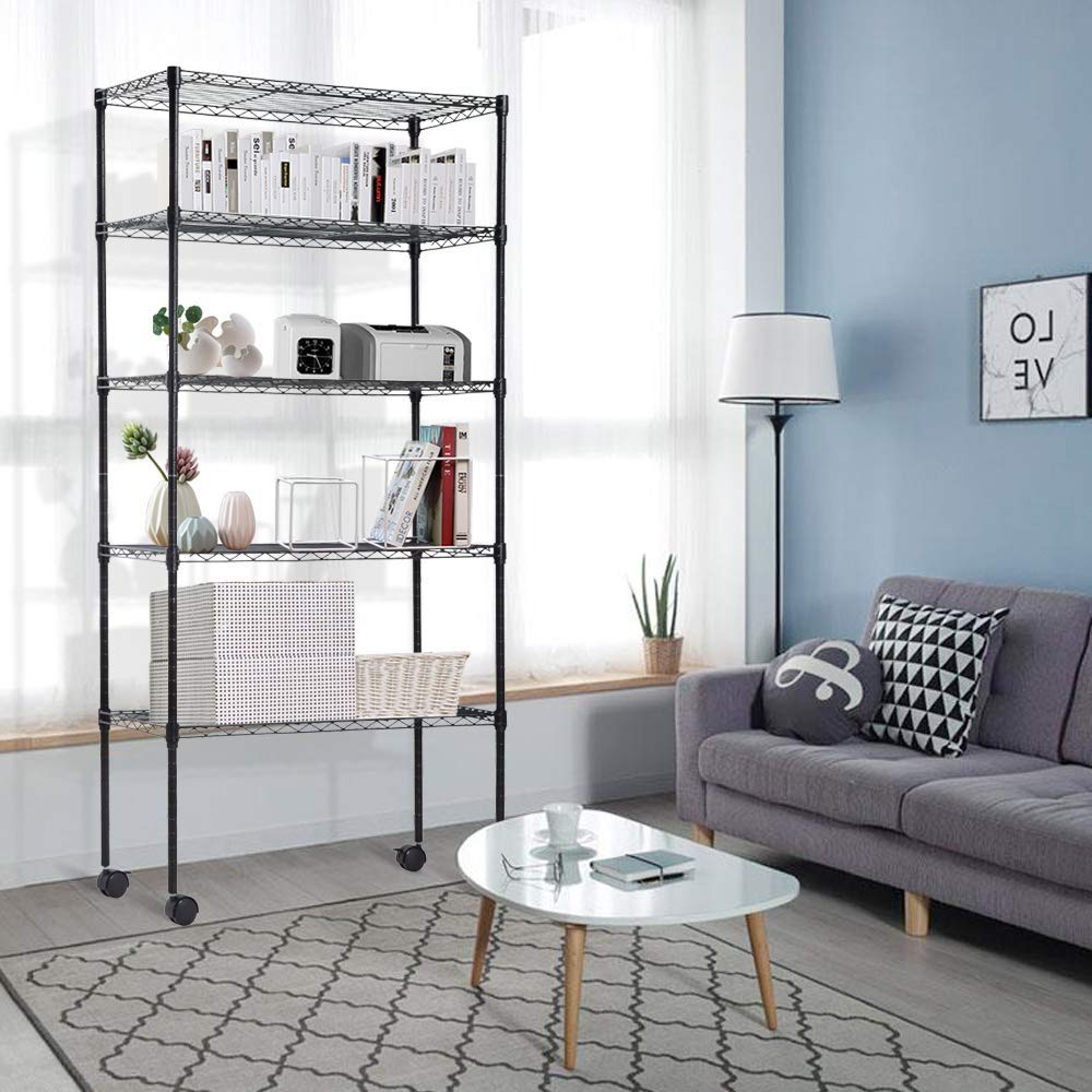 5-Tier Heavy Duty Wire Shelving Unit with Wheels - 750lbs Capacity, NSF Certified, Adjustable Height & Wide Flat Shelves - Metal Storage Rack for Kitchen, Pantry, Garage, Living Room & Balcony Organization - Perfect for Storing Food, Tools, Books & Home Supplies