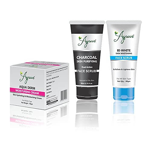 Aysun Aqua Derm Moisturizing Cream & Charcoal Face Scrub + BI White Face Scrub 3-Piece Skincare Set | Deep Cleansing & Hydration Combo for Glowing Skin | Perfect for Daily Face Care Routine & Spa Night