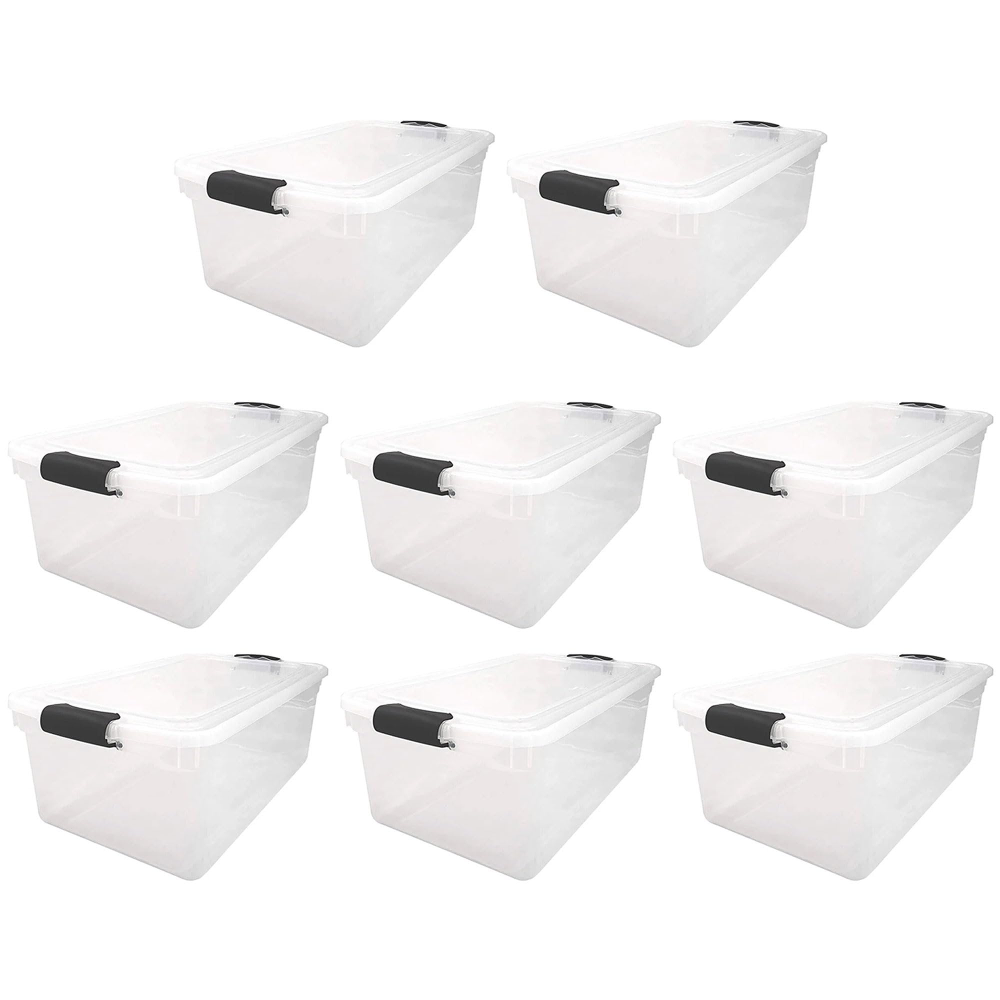 HOMZ 8-Pack 64 Quart Clear Plastic Storage Bins with Secure Gray Latches - Stackable Organizer Containers for Home, Office, Closet & Garage Organization