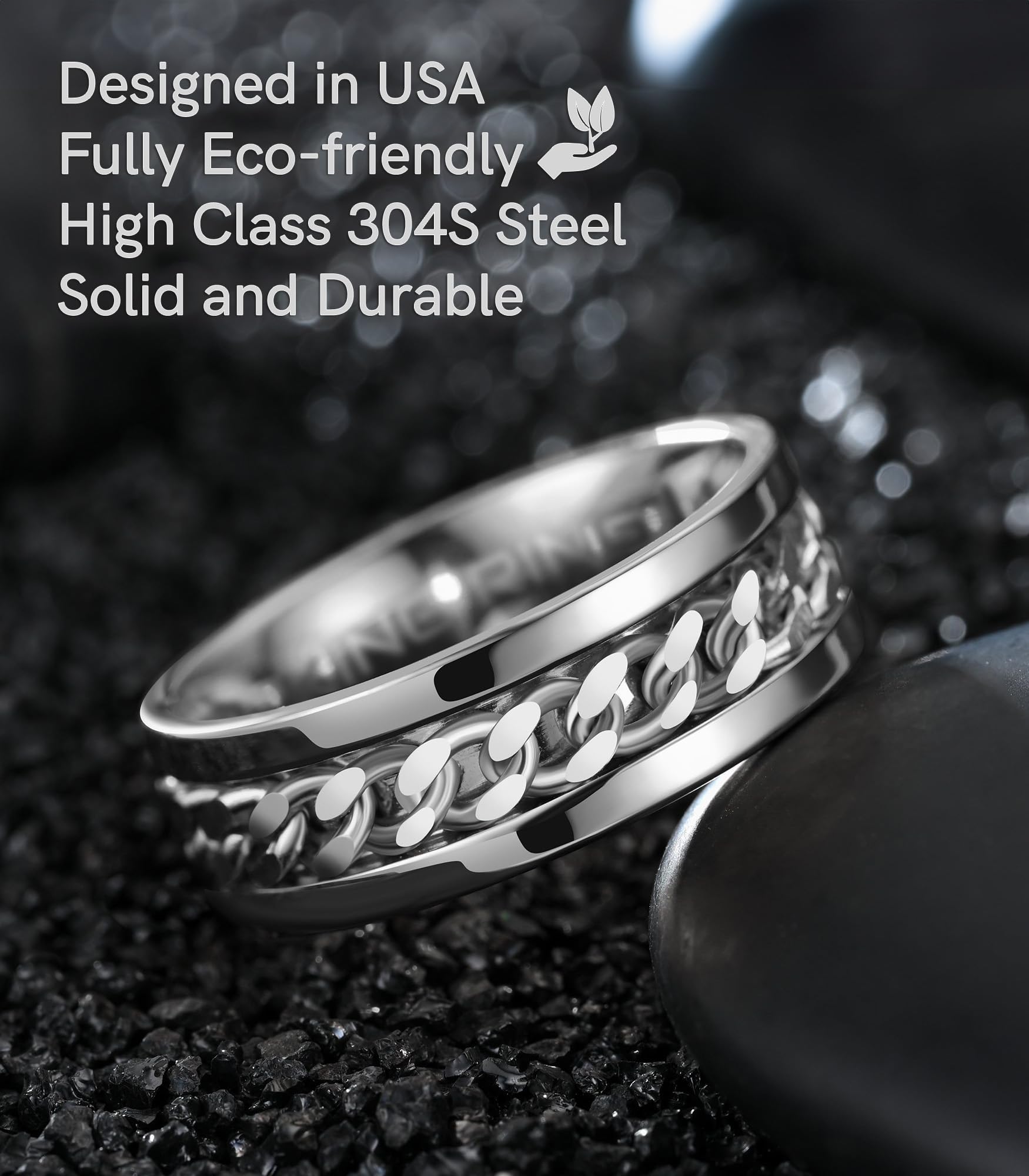 8mm Spinner Ring for Men & Women - Polished Stainless Steel Fidget Ring with Cuban Chain - Stress Relief & Anxiety Aid - Perfect for Office, Travel & Daily Wear - Designed in USA