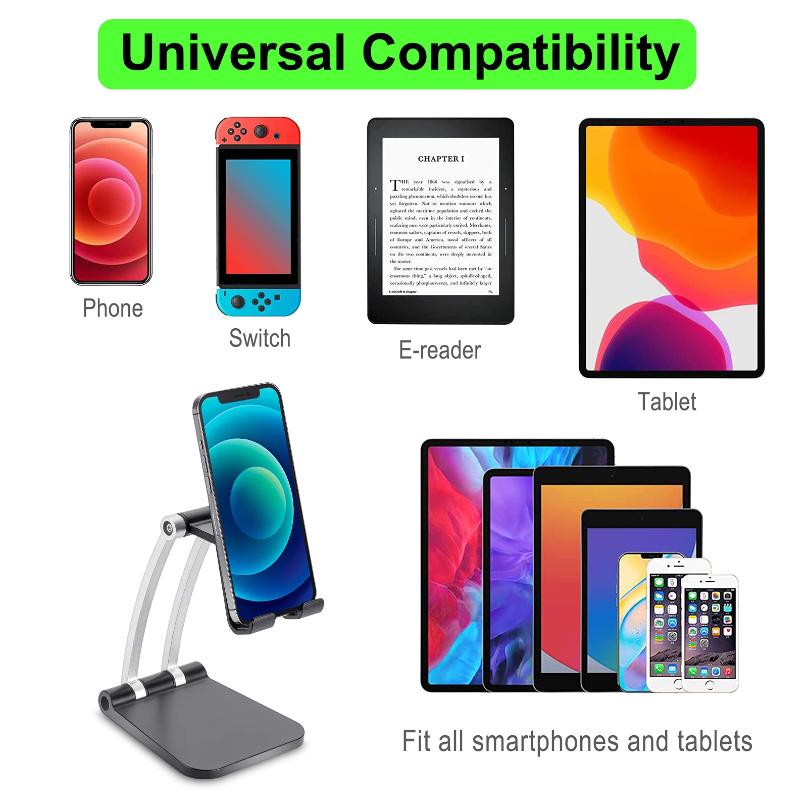 Adjustable Phone Stand for Desk - Height & Angle Adjustable Cell Phone Holder Compatible with iPhone 14/13/12/11, iPad Pro/Air/Mini - Perfect for Home Office, Video Calls, Watching Movies & Hands-Free Use