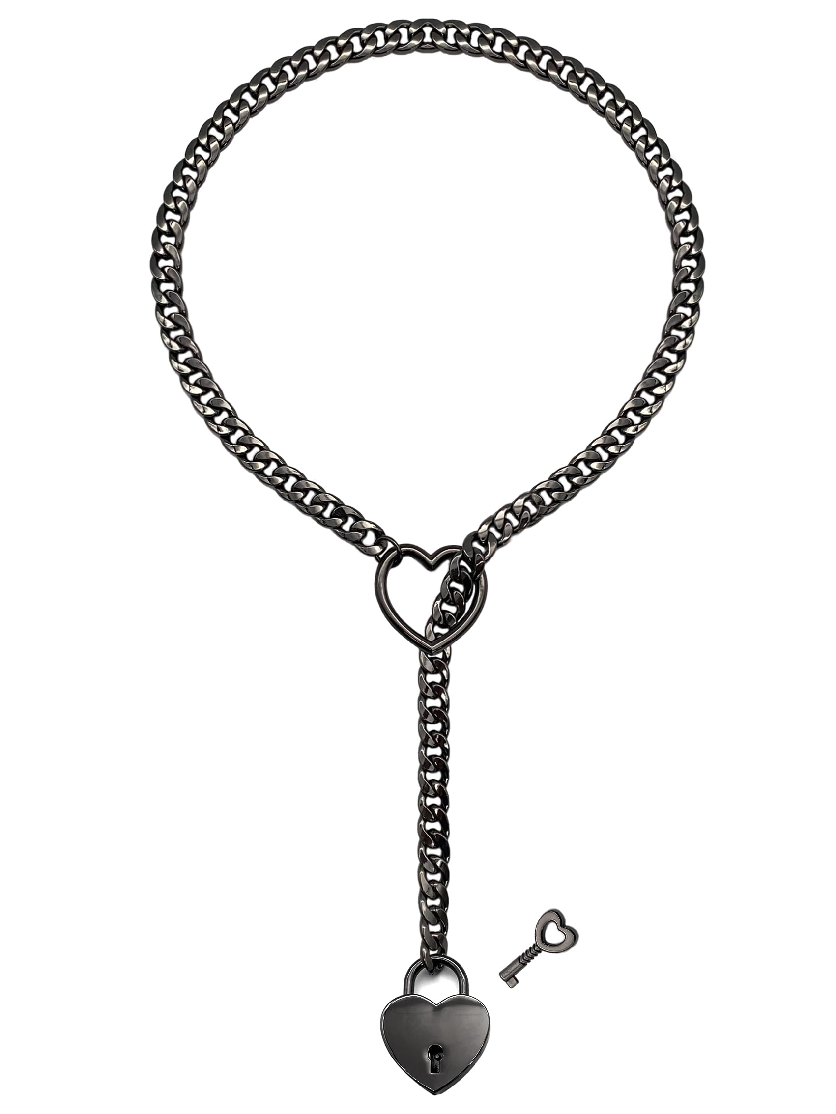 Paloli Women's Punk Rock Cuban Chain Necklace - Adjustable Lariat Y-Necklace with Heart Locker & Key, Slip Chain O-Ring Design | Perfect for Casual Wear, Rock Concerts & Gothic Fashion