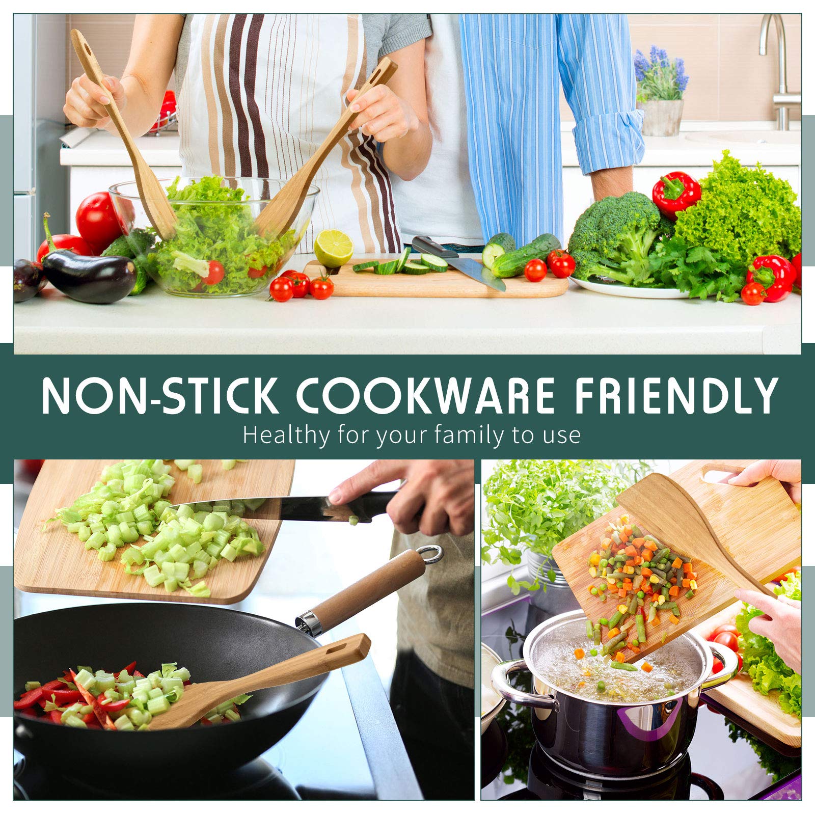 Patelai 3-Piece Bamboo Cooking Utensil Set - Heat-Resistant Spatula, Turner & Spoon for Nonstick Cookware | Eco-Friendly Kitchen Tools for Stir-Frying, Flipping & Serving | Perfect for Woks, Pans & Everyday Cooking