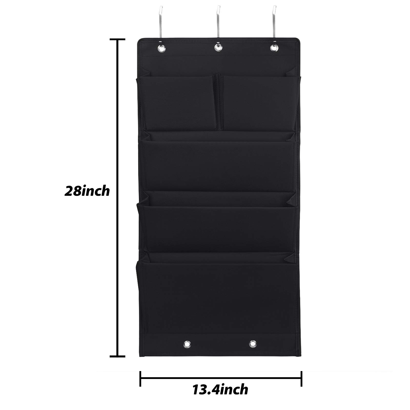 5-Pocket Over the Door File Organizer - Black Wall Mounted Hanging Document Holder (13.4x28 Inch) - Perfect for Home Office, Dorm Room & Classroom Organization