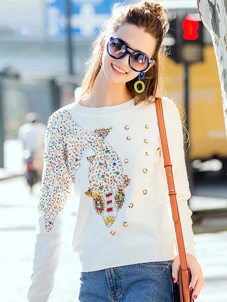 Autumn Women's Designer Fashion Pullover Sweater - Round Neck Cable Knit with Goldfish Bead Detail | Cozy Fall Outfit for Work, Dating & Casual Wear