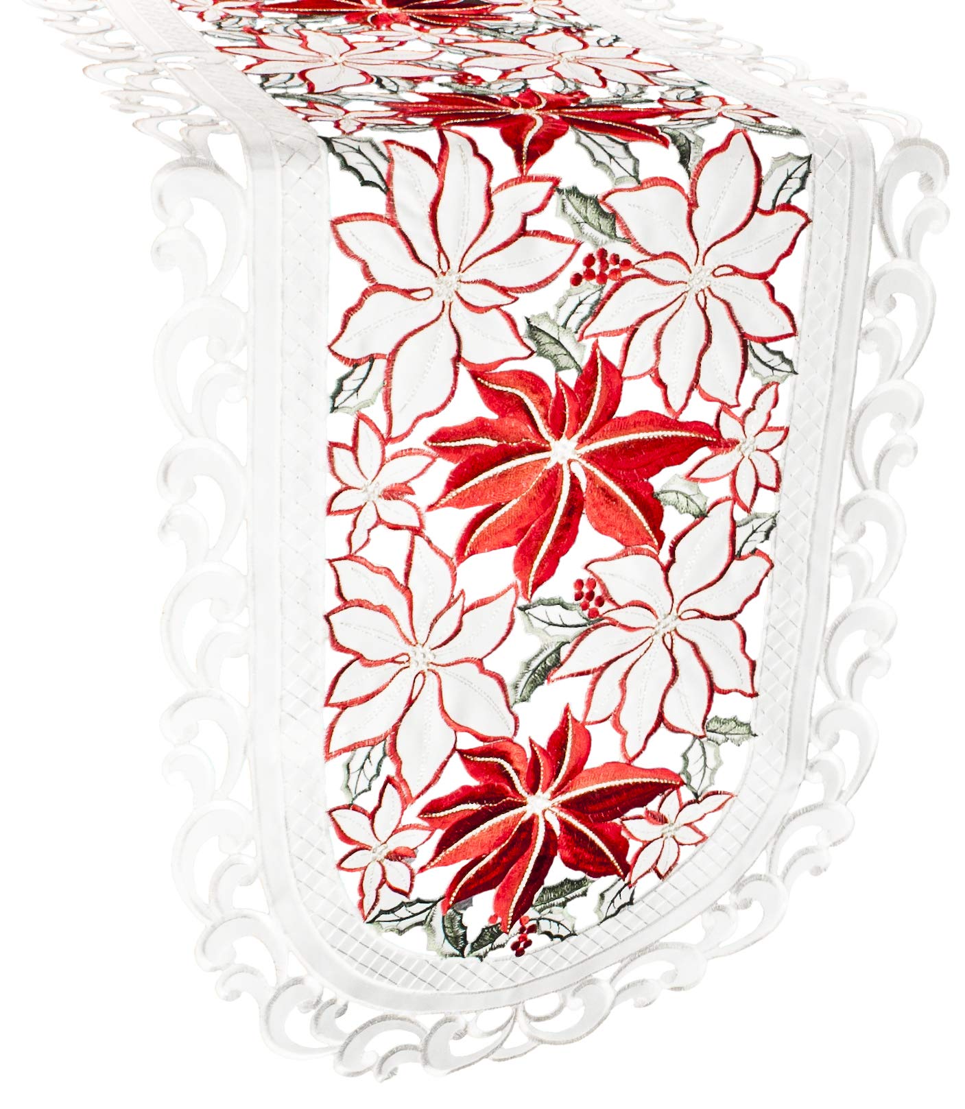 Embroidered Christmas Holiday Large Poinsettia Cut Work Table Runner - 14x53 Inch Elegant Dresser Scarf for Festive Dining Table Decor, Holiday Party Centerpiece & Winter Home Decoration