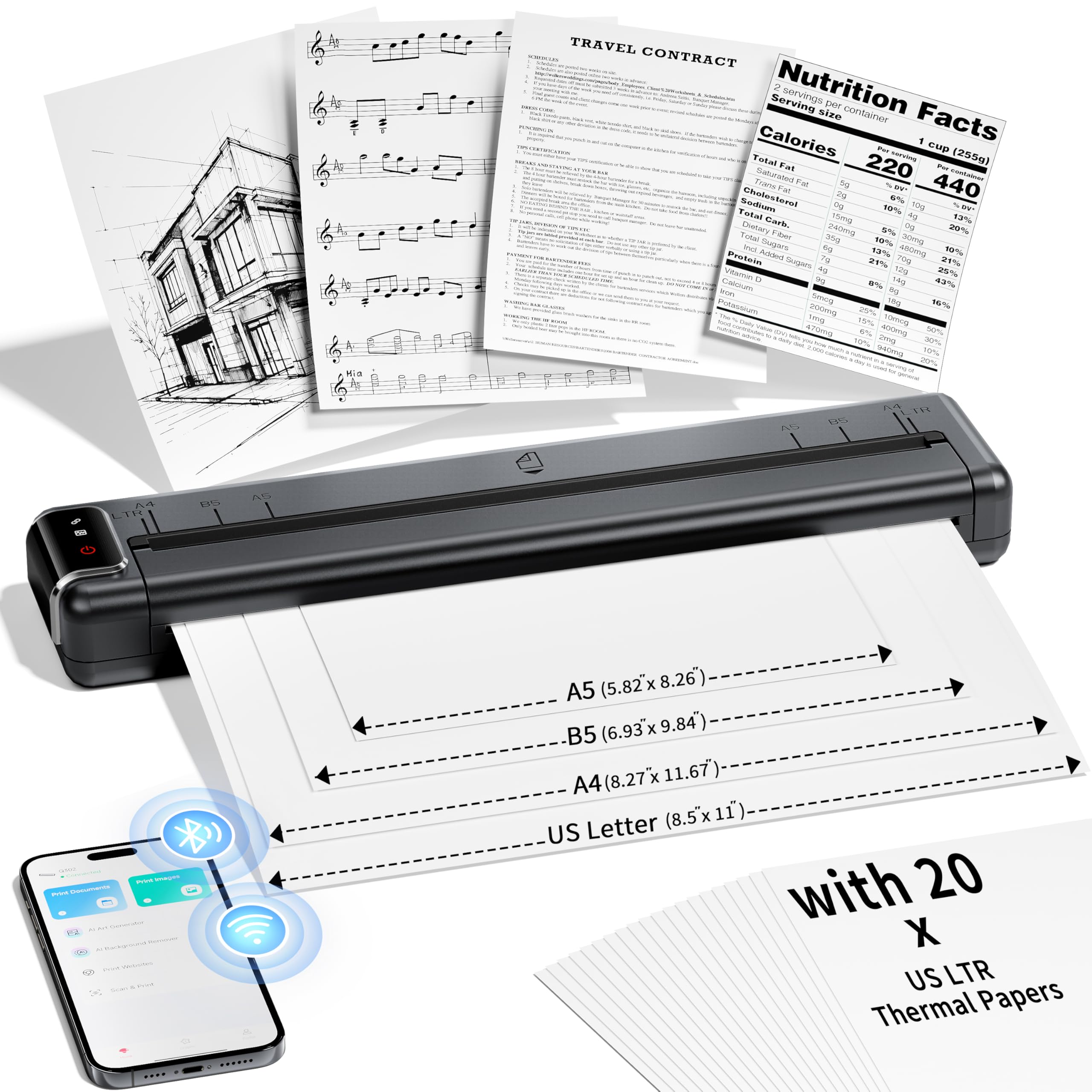 Phomemo Q302 Ultra-Light Wireless Portable Thermal Printer - Inkless Printing for US Letter/A4/A5/B5 Paper - WiFi & Bluetooth Compatible with Android, iOS, Laptop - Perfect for Home Office, Travel, Receipts & Label Printing