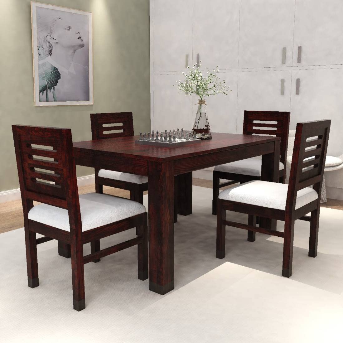 LIZZAWOOD™ Solid Sheesham Wood Dining Table Set with 4 Chairs - Mahogany Finish for Living Room, Home Office, Restaurant & Cafe - Perfect for Family Dinners, Work Meetings & Dining Spaces