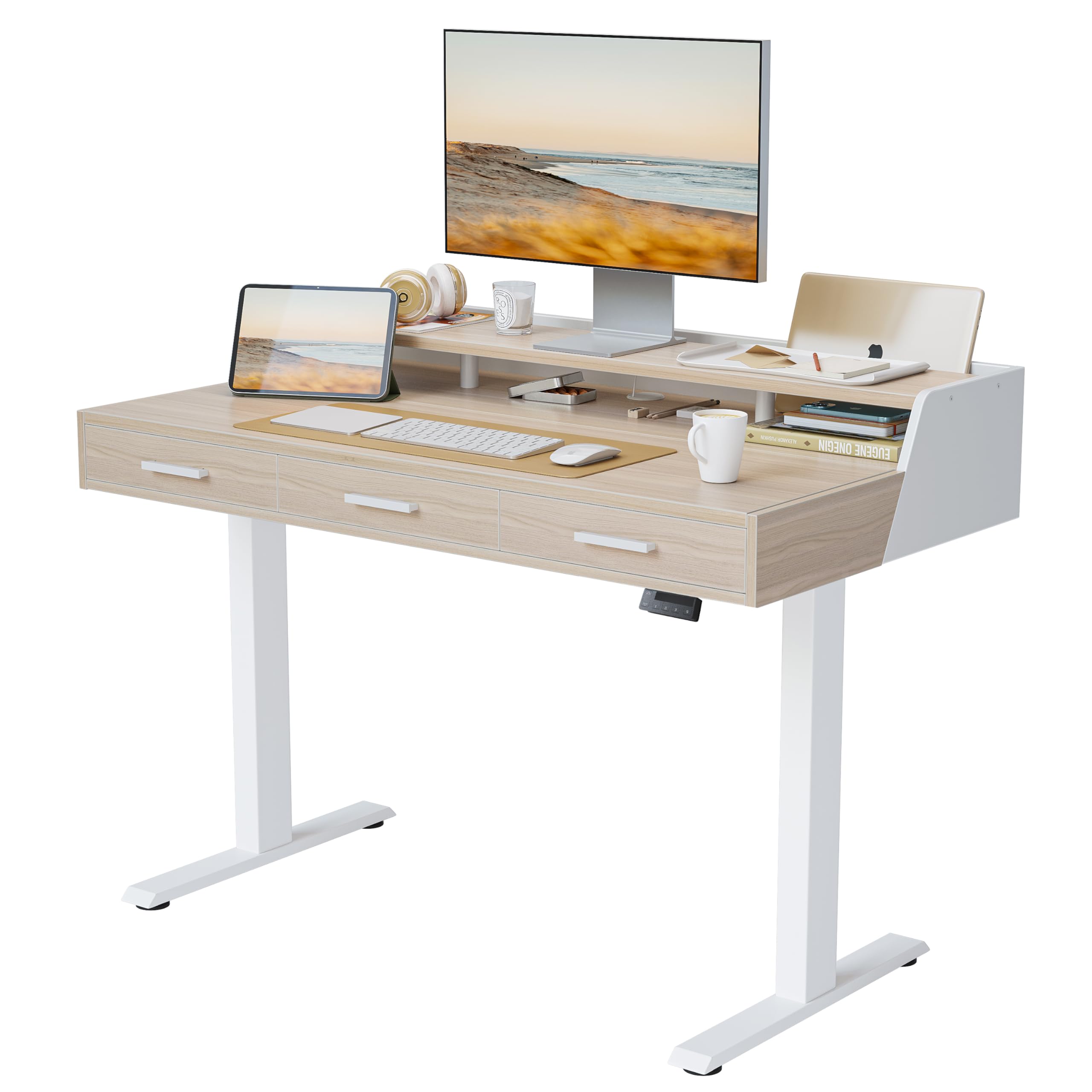 FEZIBO 48x24 Inch Electric Height Adjustable Standing Desk with Drawers & Monitor Shelf - Light Walnut Sit Stand Home Office Desk for Work from Home & Gaming Setup