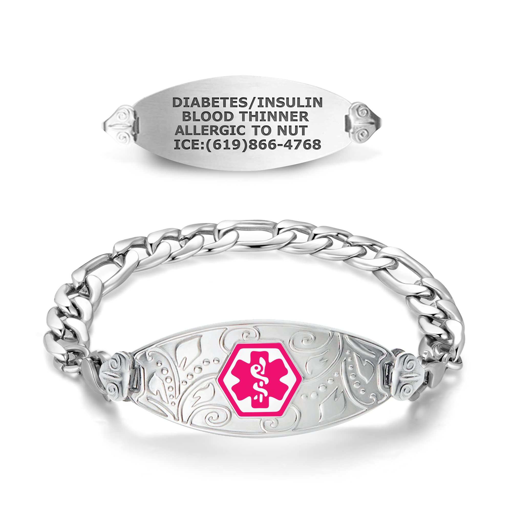 Divoti Custom Engraved Medical Alert Bracelets for Women - Stainless Steel Medical ID Bracelet with Free Engraving - Elegant Filigree Tag & Figaro Chain - Adjustable Sizing & Color Options - Perfect for Diabetes, Allergies & Emergency Medical Identification