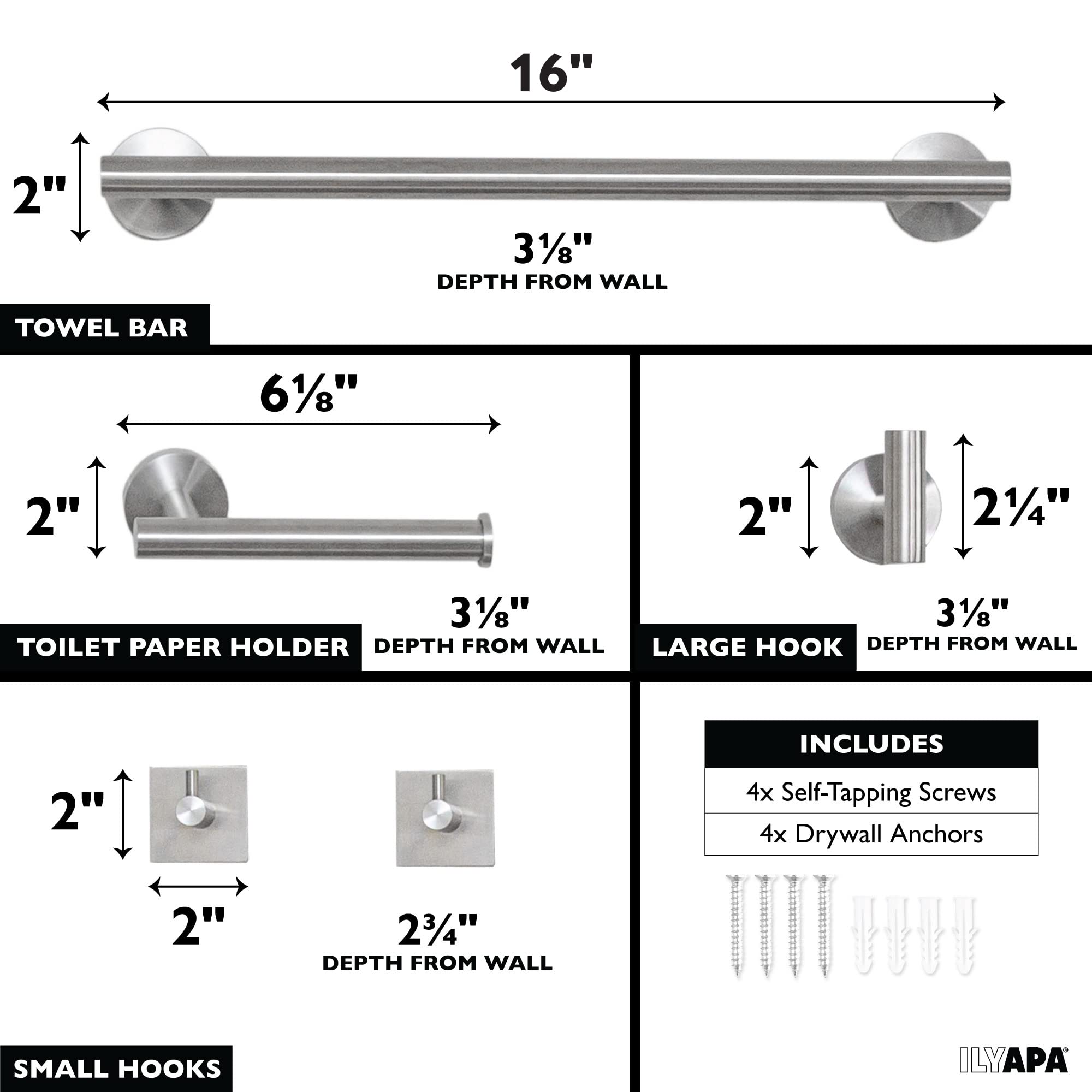 Ilyapa 5-Piece Brushed Nickel Bathroom Hardware Set - Wall Mounted Towel Bar, Toilet Paper Holder & Hooks (1 Large + 2 Small) for Modern Bathrooms - Satin Nickel Finish for Home & Hotel Use