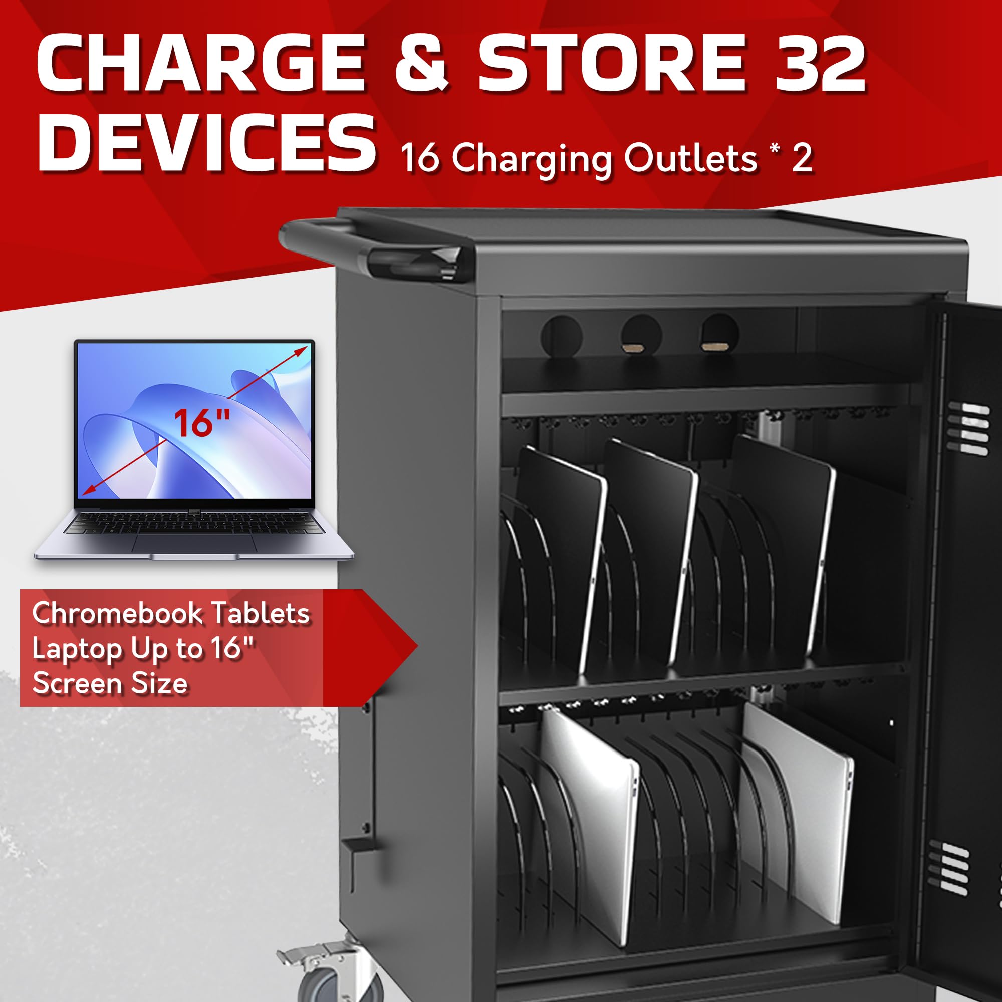 32-Port Mobile Charging Station with Lockable Wheels - 16