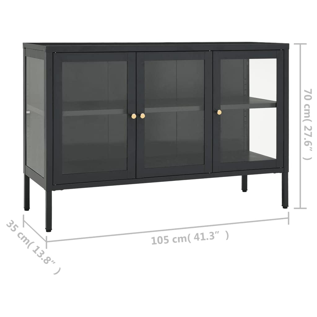 Modern Anthracite Sideboard with Steel Frame & Glass Doors - Sleek Design, Adjustable Shelves & Feet, 41.3