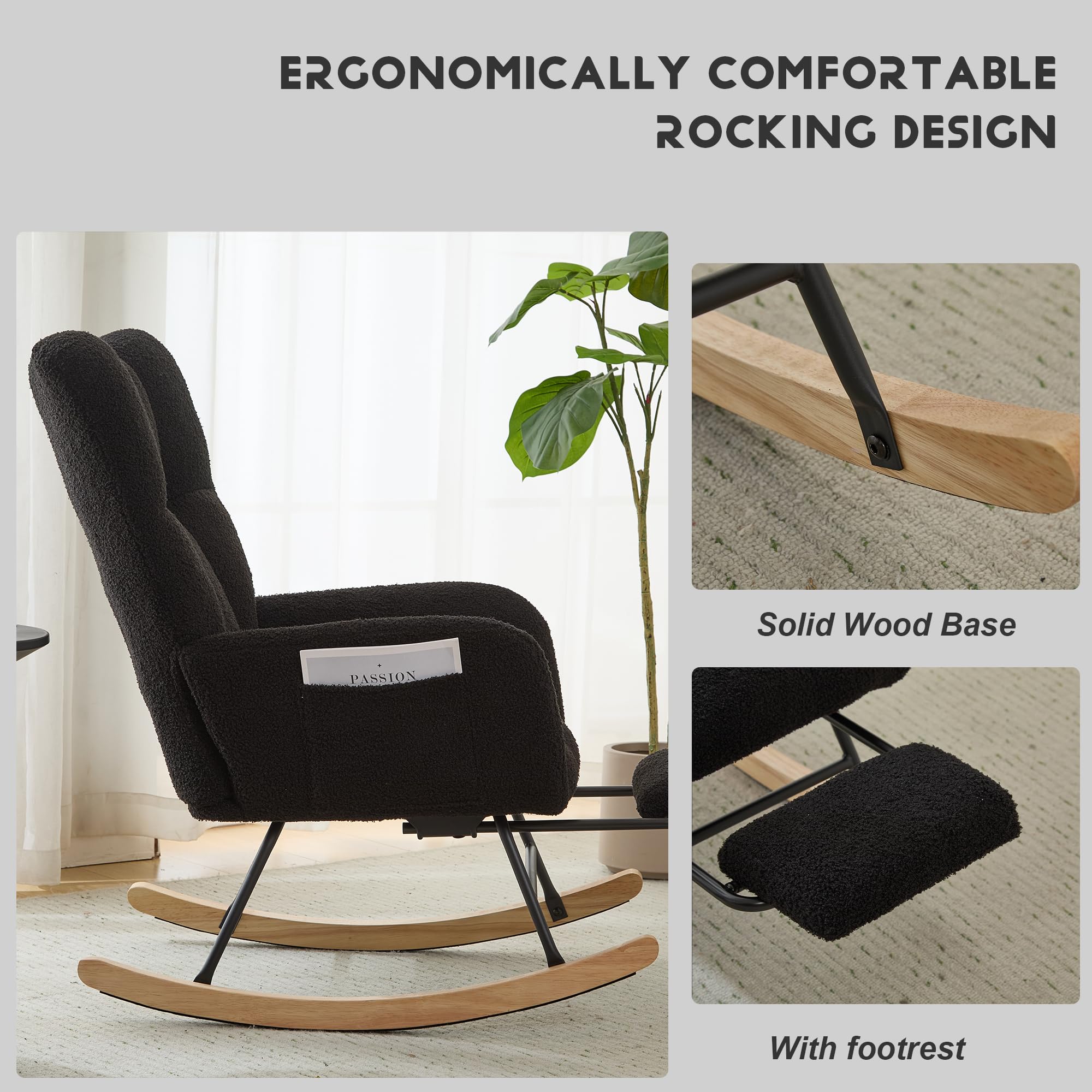 Comfy Teddy Upholstered Glider Rocker Chair with Footrest & High Backrest - Nursery Rocking Armchair with Side Pocket for Living Room, Bedroom, Office (Large Black) | Perfect for Nursing, Reading & Relaxing