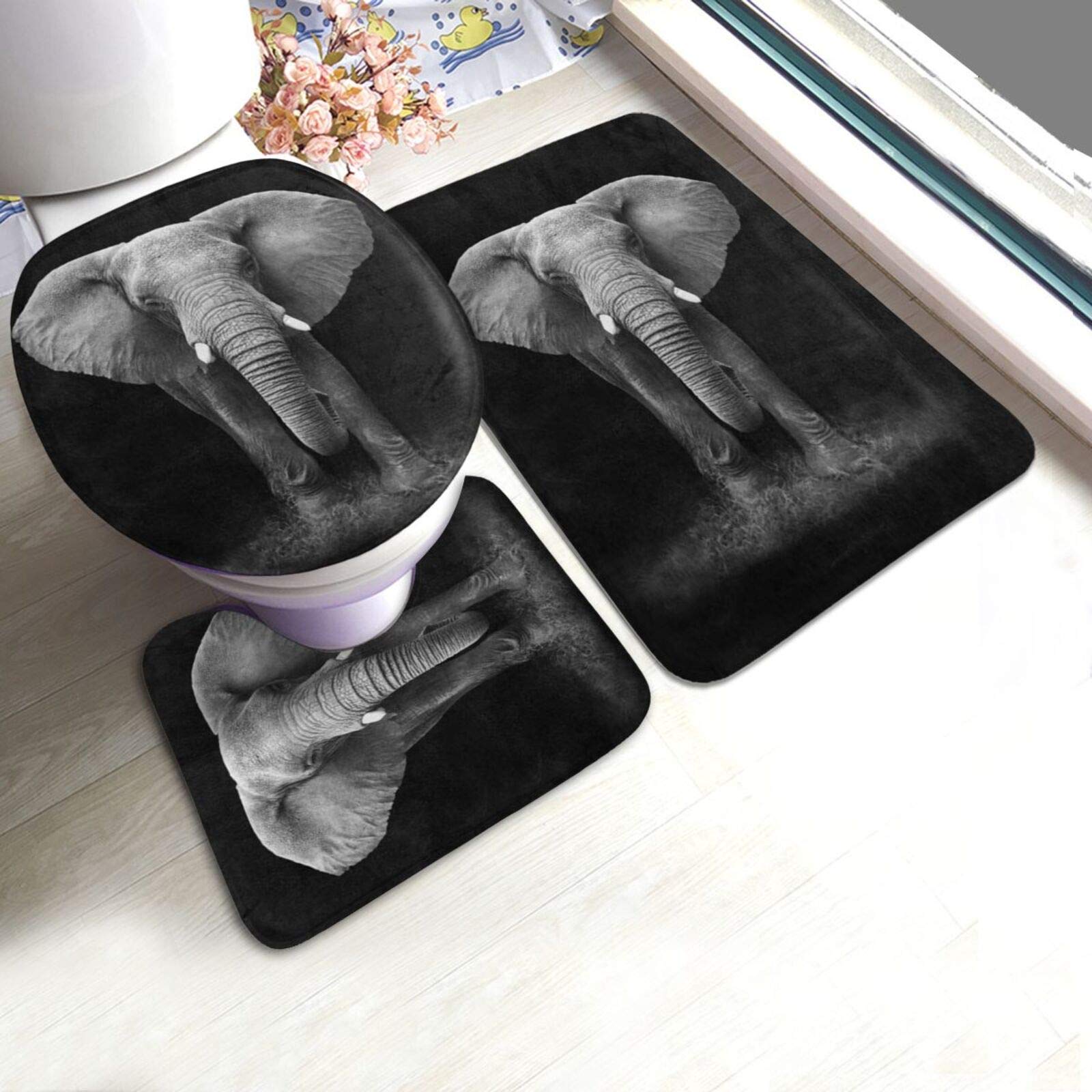 Premium 3-Piece Non-Slip Bathroom Rug Set with U-Shaped Contour Mat - Soft Washable African Elephant Design for Toilet & Floor Decor | Perfect for Modern Bathrooms & Guest Suites