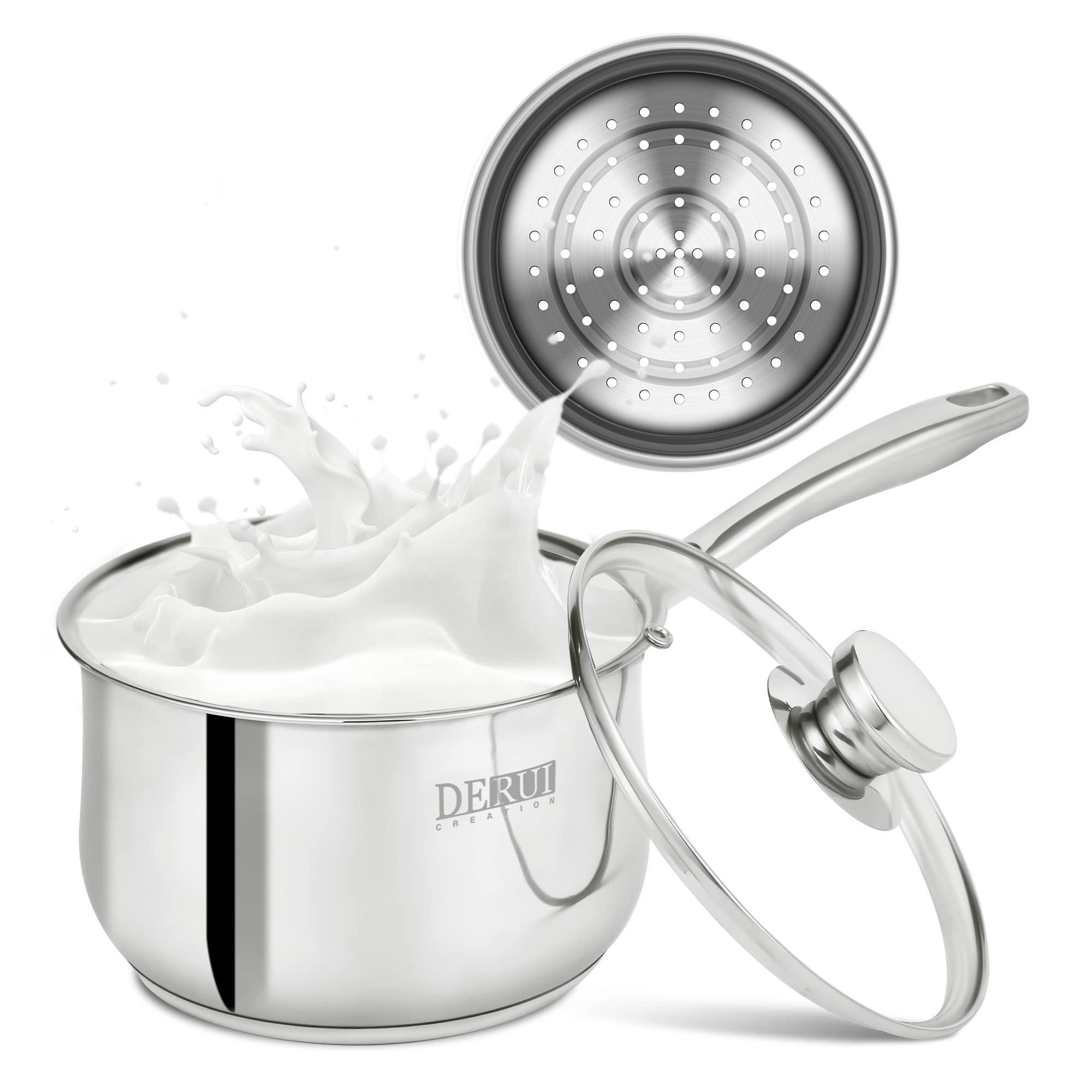 Premium 18cm Stainless Steel Saucepan (2.5 Quart) with Steamer Basket & Glass Lid - Induction Safe Milk Pan, Soup Pot for Cooking, Steaming & Boiling - Perfect for Small Kitchens, Dorms & Camping