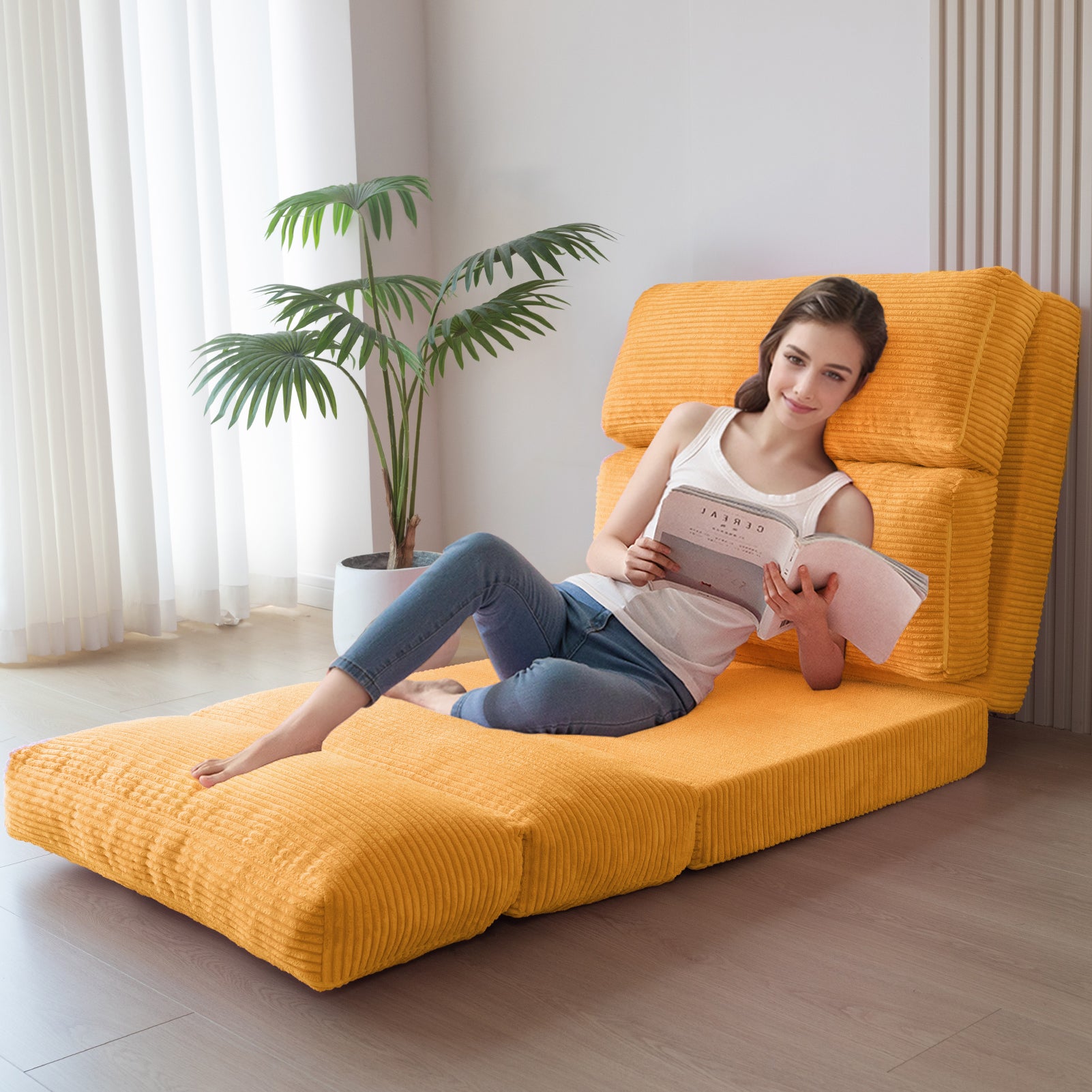 MAXYOYO Corduroy Extra Wide Foldable Bean Bag Sofa Bed - Convertible Floor Mattress for Living Room, Bedroom & Guest Room (Orange)