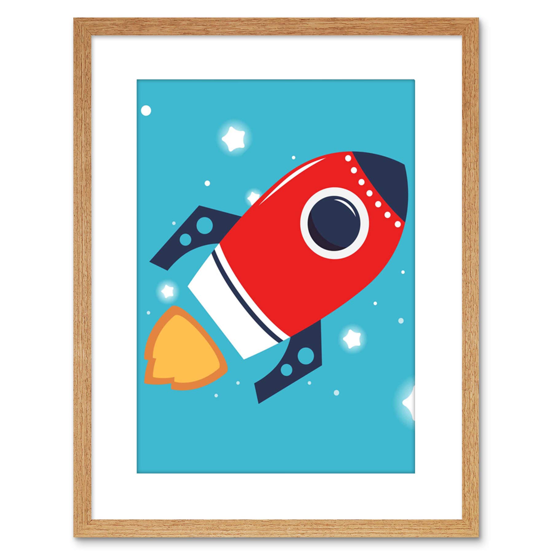 Kids Spaceship Rocket with Red Flame & Stars - Sky Flying Themed Framed Wall Art Print (F97X4333) - Perfect for Nursery, Bedroom Decor & Space-Themed Kids Rooms