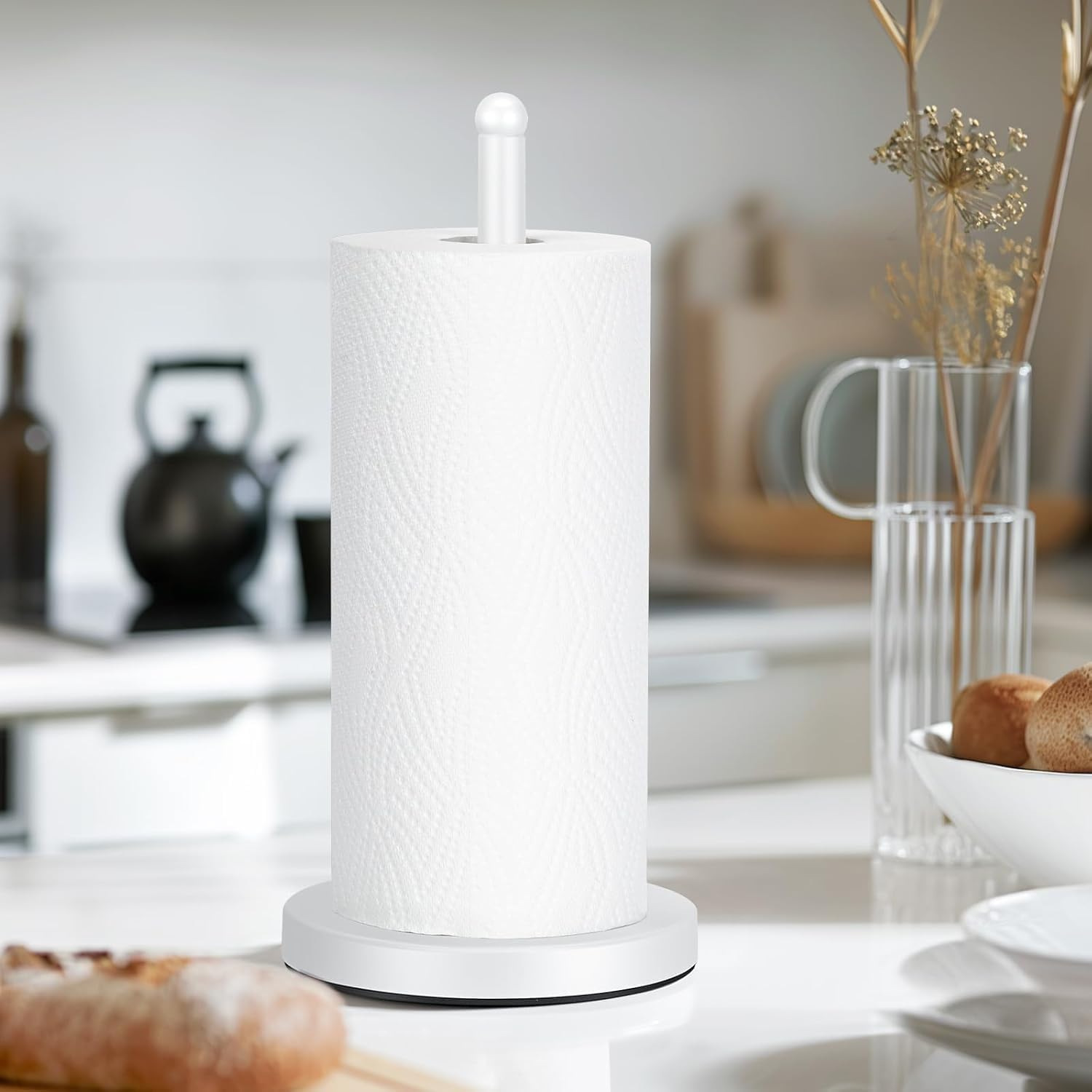 Weighted White Paper Towel Holder Stand for Kitchen & Bathroom - Free Standing Countertop Towel Rack with Non-Slip Base (A075) | Perfect for Home, Office, and Restaurant Use