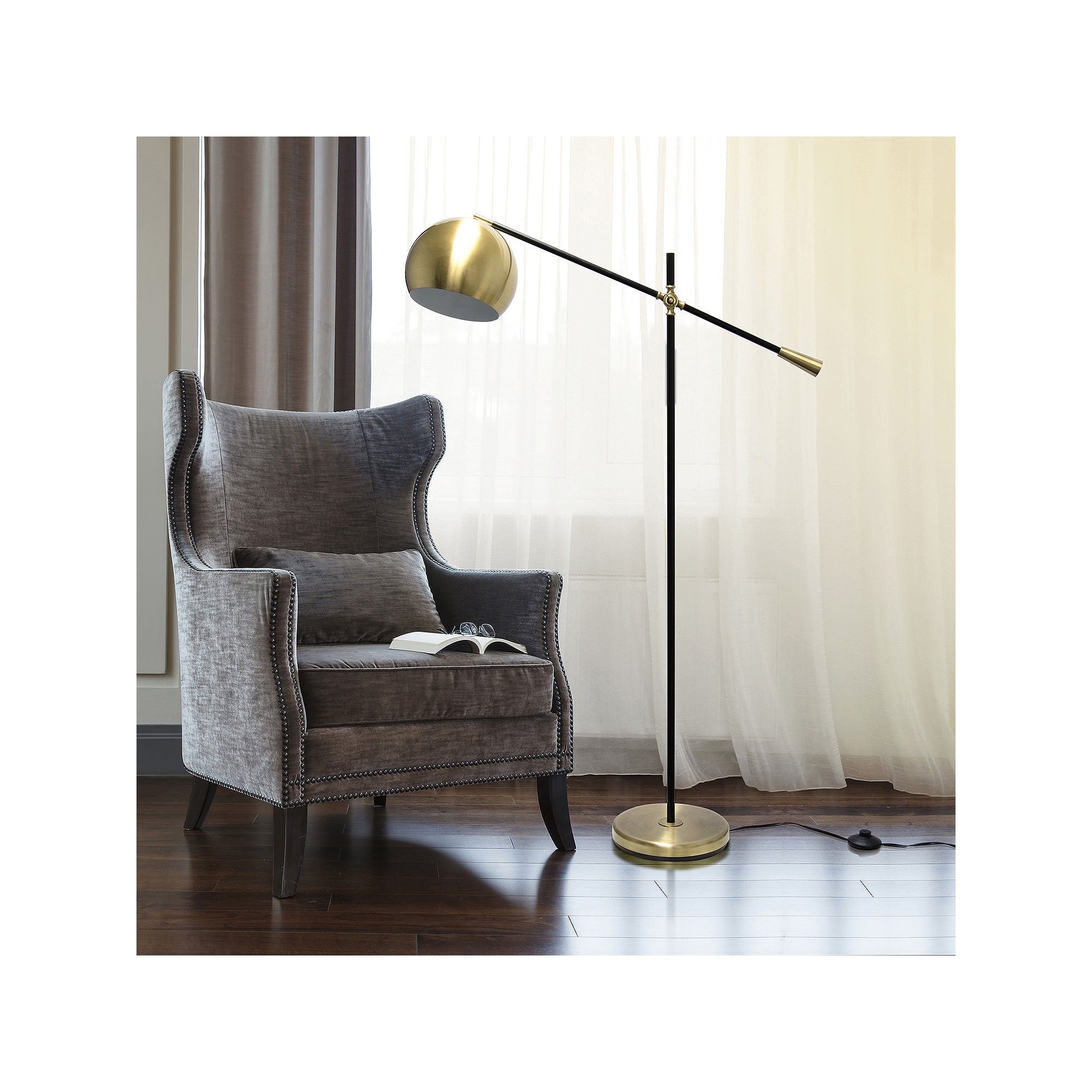 Lalia Home Black Matte Swivel Floor Lamp with White Dome Shade - Antique Brass Metal Floor Light for Living Room, Bedroom & Office Decor