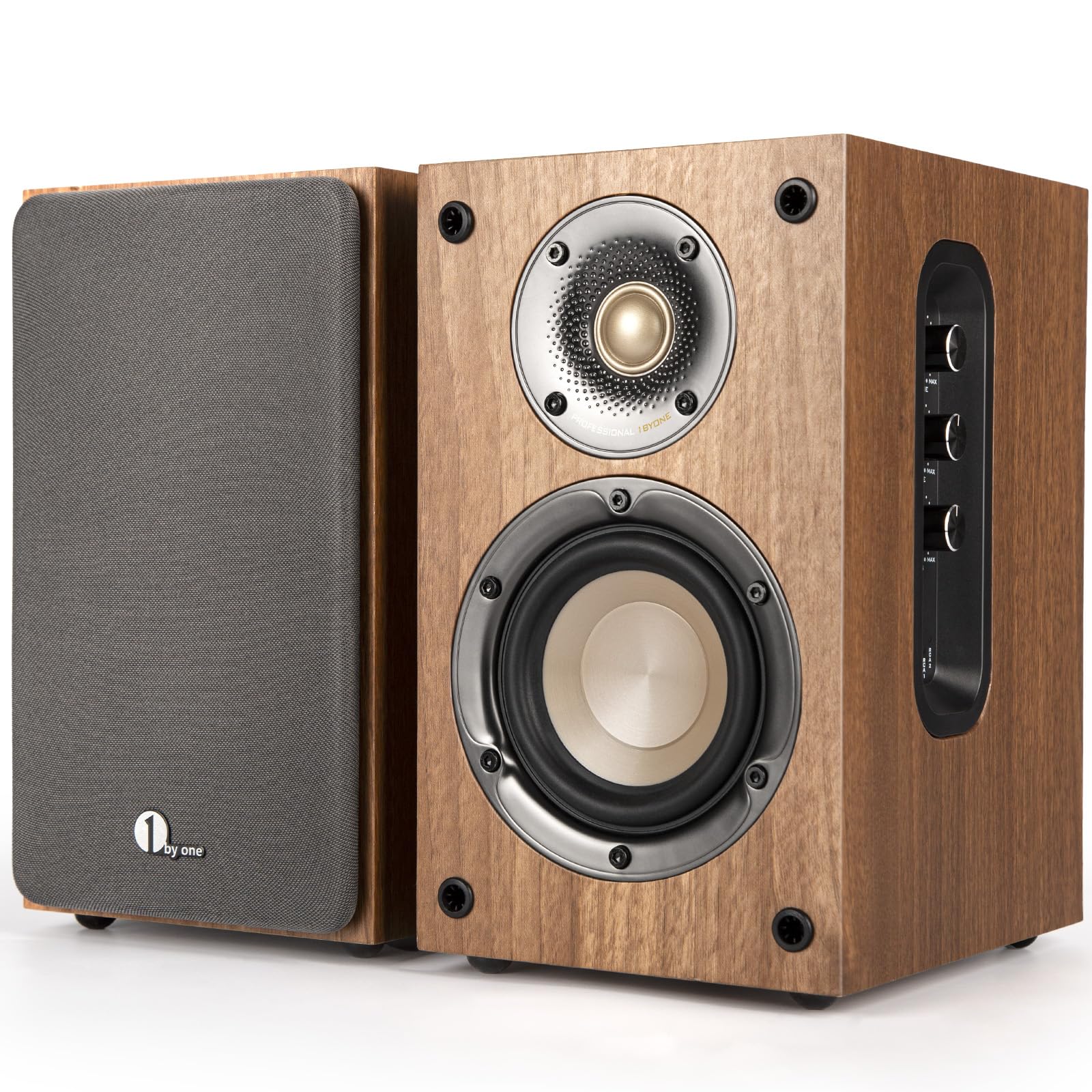 1 by ONE Bluetooth Bookshelf Speakers - Active 2 Way Speakers with 60W RMS & 100W Peak Power, Wireless Turntable Speakers with RCA/Bluetooth/Coaxial/Optical Inputs - Perfect for Home Audio, Gaming & Music Streaming