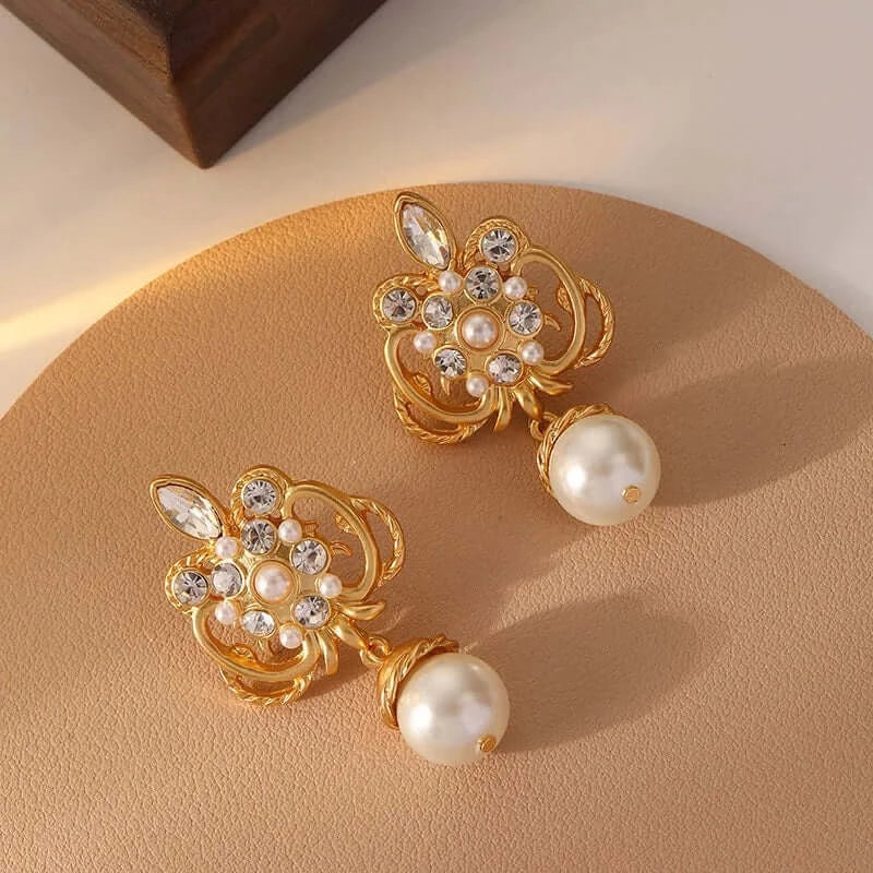 Baroque Flower Pearl Drop Earrings for Women - Elegant Vintage Dangle Earrings with Crystal Accents | DM363 | Perfect for Weddings, Parties & Special Occasions