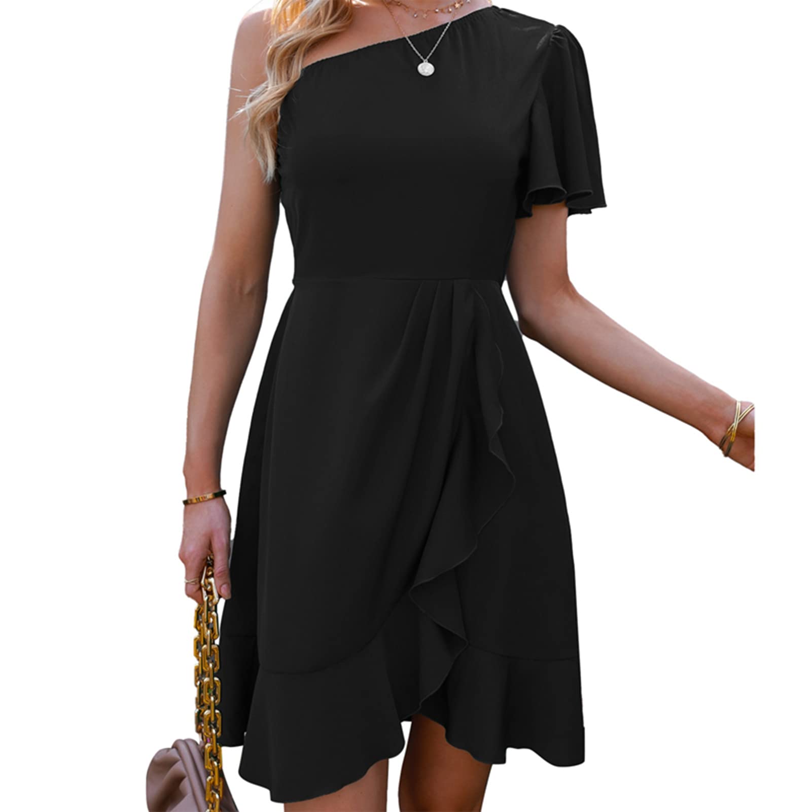 Cocoarm Women's Summer Single Shoulder Dress with Elegant Butterfly Sleeves & Slanted Ruffle Hem - Casual & Formal Wear (S-Black) for Beach Parties, Date Nights & Special Occasions