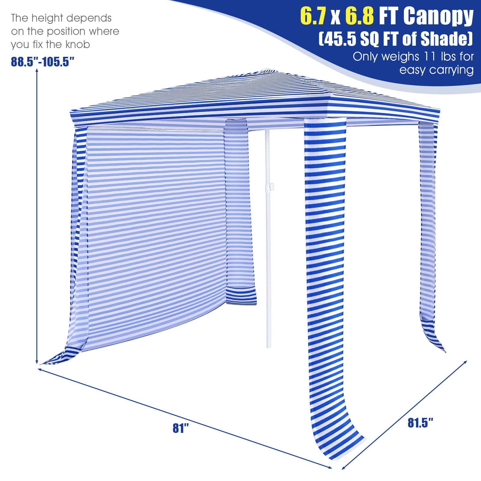 Tangkula 6.7'x6.8' Foldable Beach Cabana Tent - Portable Sun Shelter with Carry Bag, Detachable Side Walls & 4 Sandbags - UV Protection & Wind Vent Design for Family Beach Outings, Picnics, and Outdoor Adventures