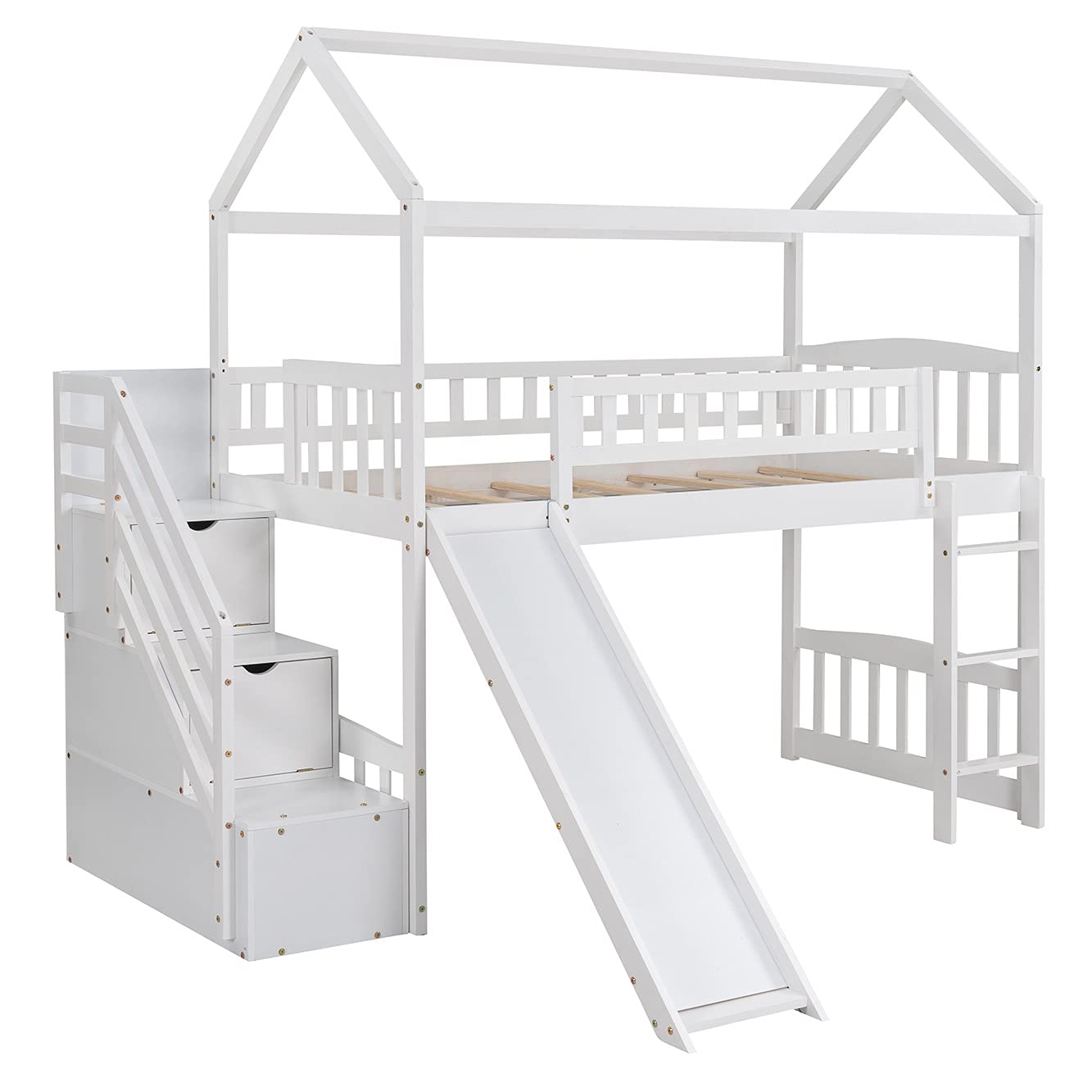 **Kids Twin Loft Bed with Slide & Storage - Solid Wood House Loft Bed with Pitched Roof, Guardrails, 3-Step Stairs & 2 Drawers (White & Wood) - Perfect for Small Bedrooms, Playrooms & Sleepovers**