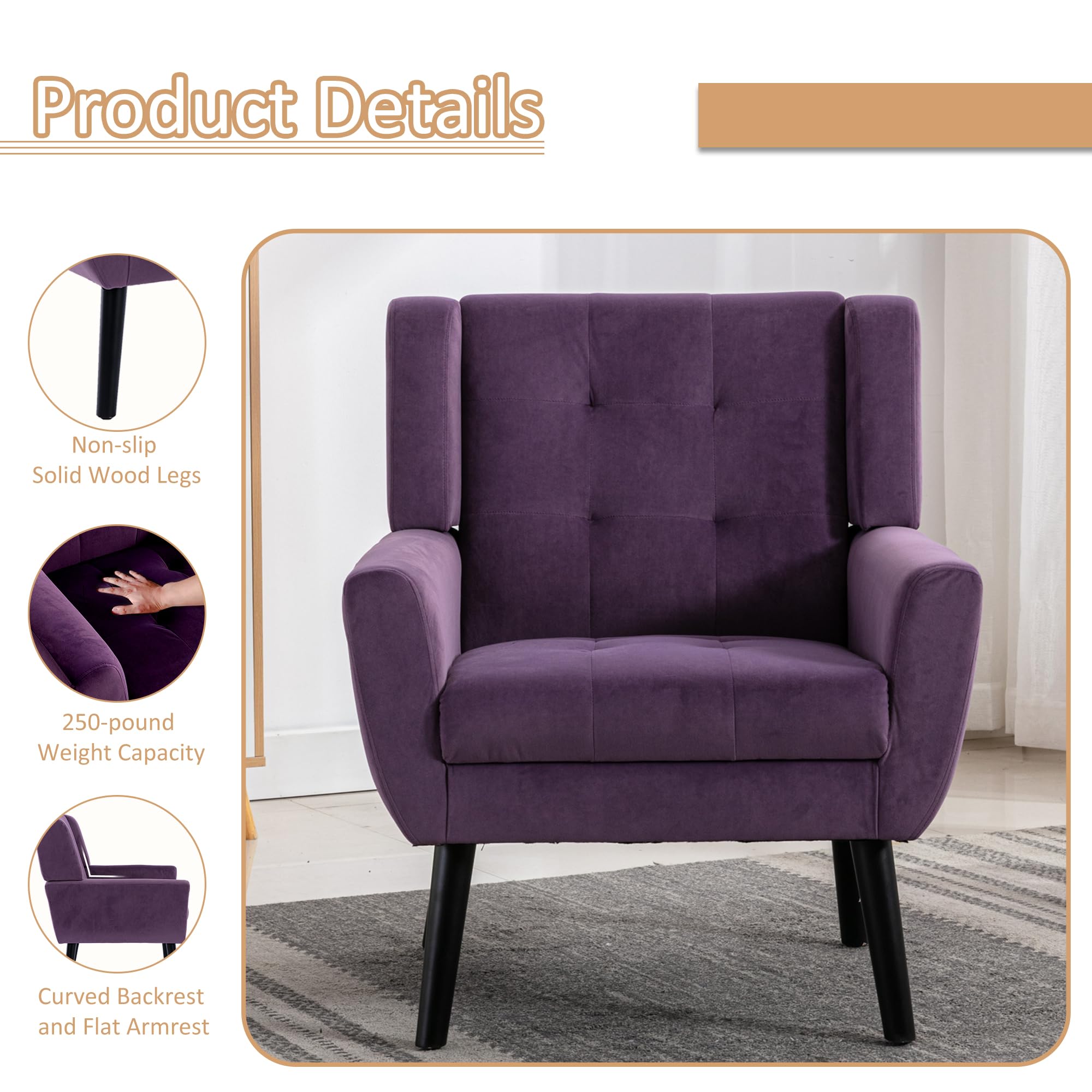Luxury Velvet Accent Chair with Tufted Upholstery & Solid Wood Legs - Modern Armchair for Living Room, Bedroom or Reading Nook - Comfortable Single Sofa (2 Pack, Lavender Purple) - Perfect for Home Decor, Lounge Relaxation & Cozy Reading Spaces