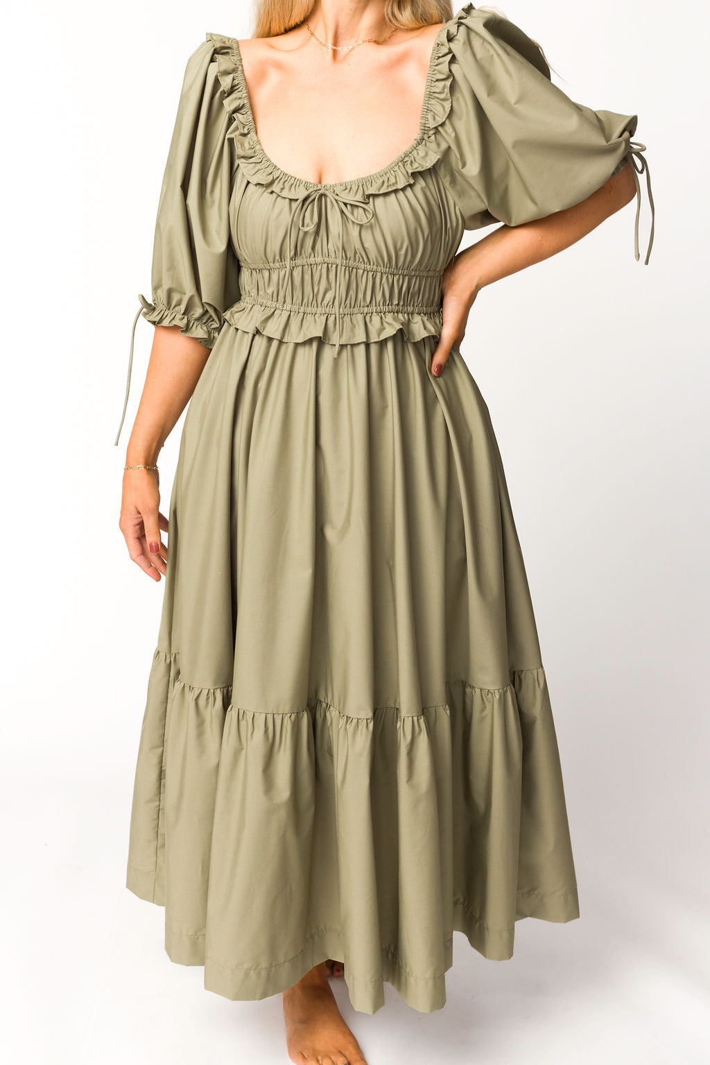 Crissy Ruched Midi Dress in Dusty Olive - Bump Friendly Maternity Dress for Women, Stretchy Bodycon Dress for Pregnancy & Nursing - Perfect for Baby Showers, Date Nights & Special Occasions