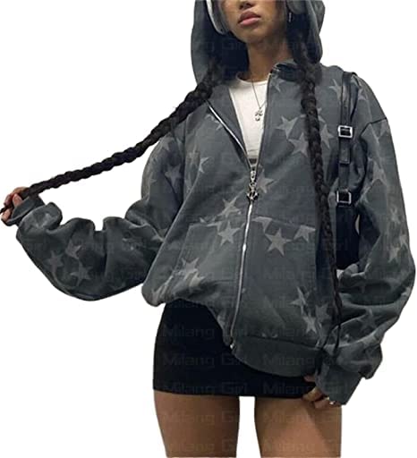 Y2K Vintage Star Graphic Women's Zip Up Hoodie - Oversized Long Sleeve Sweatshirt | E-Girl Harajuku Jacket for Streetwear Fashion | Perfect for Casual Outfits, College Wear & Instagram Aesthetics