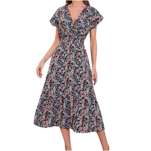 Women's Floral Summer Dress - Short Sleeve Wrap V-Neck Casual Dress with Ruffle Hem & A-Line Bohemian Print | Perfect for Beach Vacations, Garden Parties & Summer Outings