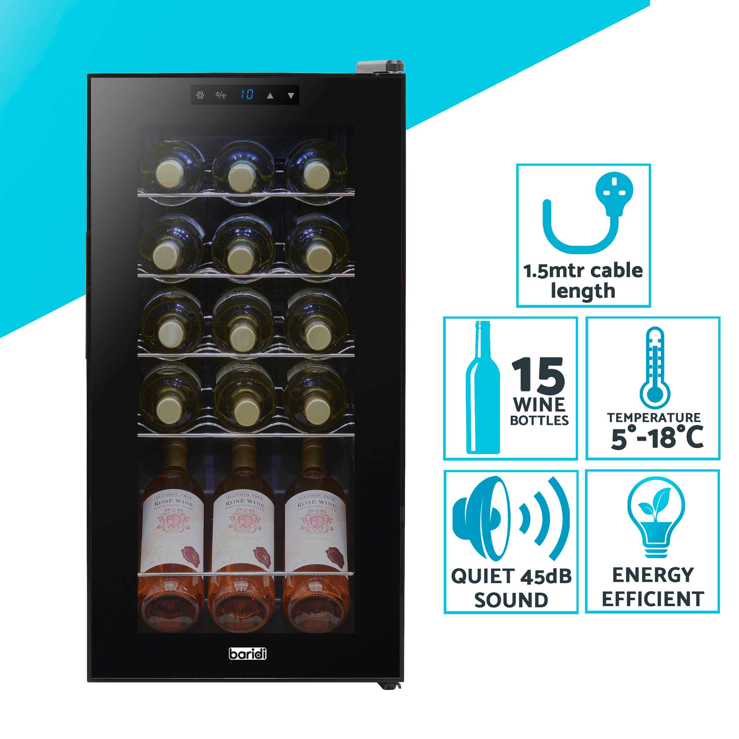 Baridi 15 Bottle Wine Cooler Refrigerator - Touch Screen Control, LED Interior Lighting, Black (DH5 Model) - Perfect for Home Bars, Kitchen Countertops & Wine Cellars