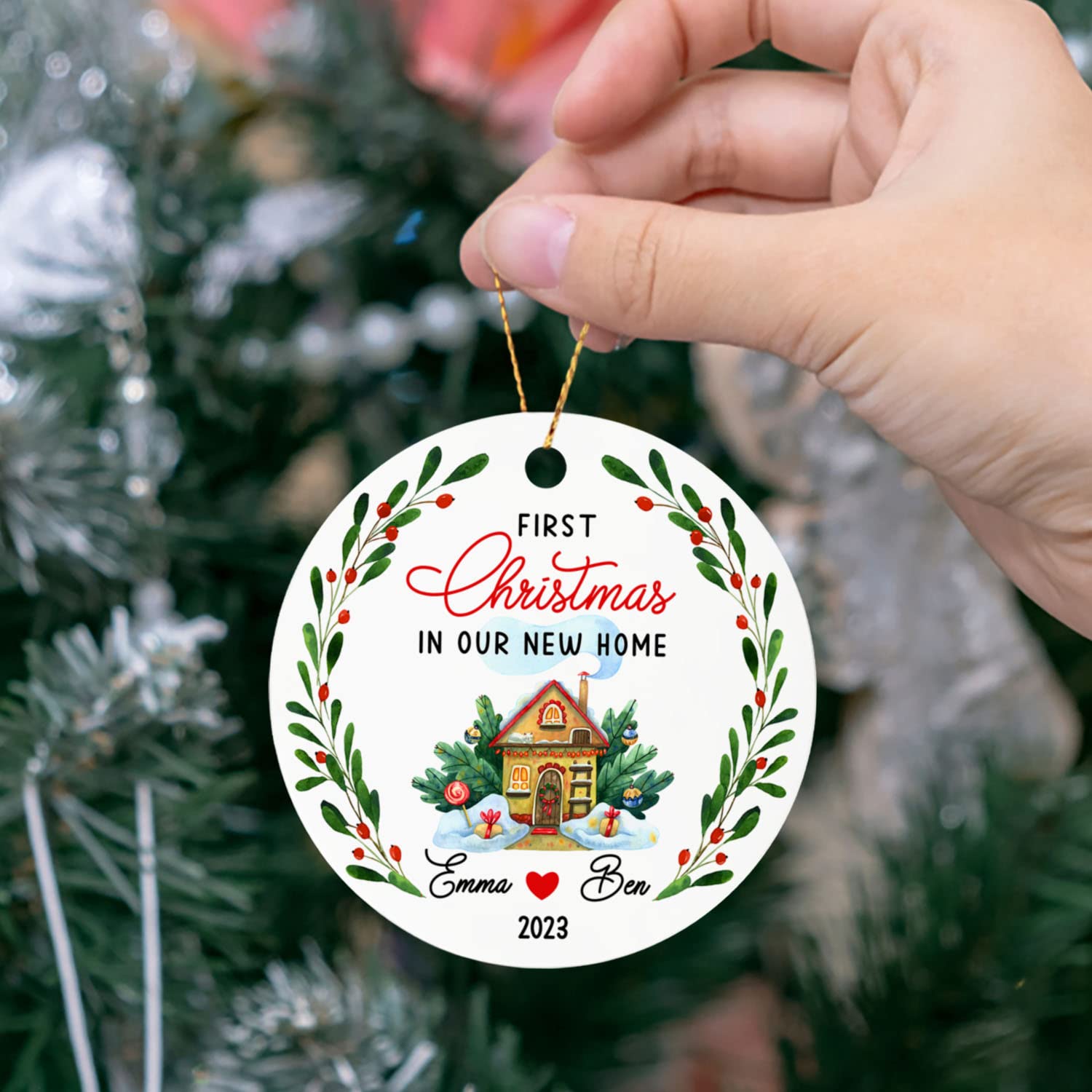 Personalized 2025 First Christmas in Our New Home Keepsake Ornament - Snowy House Christmas Tree Decoration for Newlywed Couples - New Home Gift for Housewarming & Christmas Celebrations