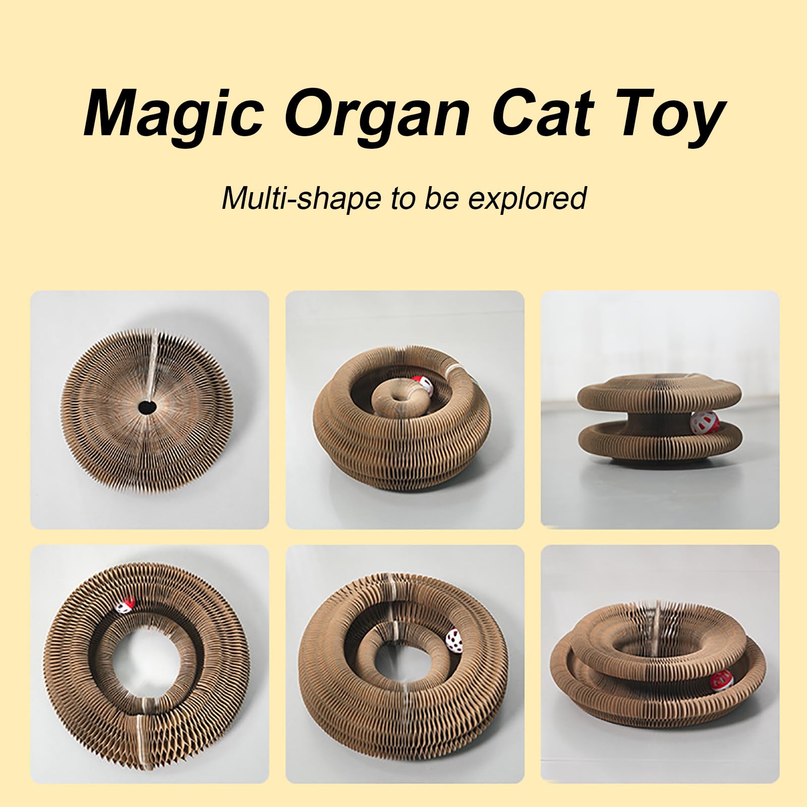 FOTN Kitty Kurlz Interactive Cat Toy with Bell Ball - Foldable Accordion Shape Cardboard Scratcher for Indoor Cats - Anxiety Relief & Exercise Toy - Perfect for Playtime, Training & Stress Relief (1PC)