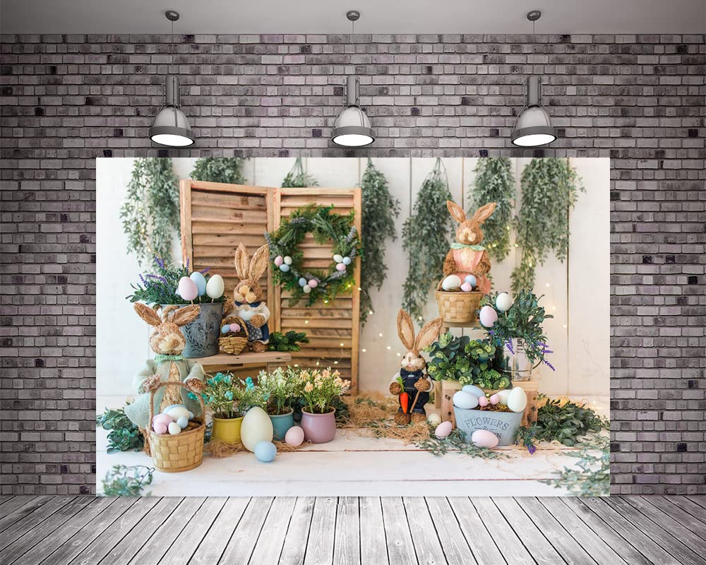 7x5ft Happy Easter Backdrop for Photography - Spring Bunny Rabbit & Colorful Eggs Rustic Party Background - Easter Photo Booth Props for Baby Showers, Church Events & Family Gatherings
