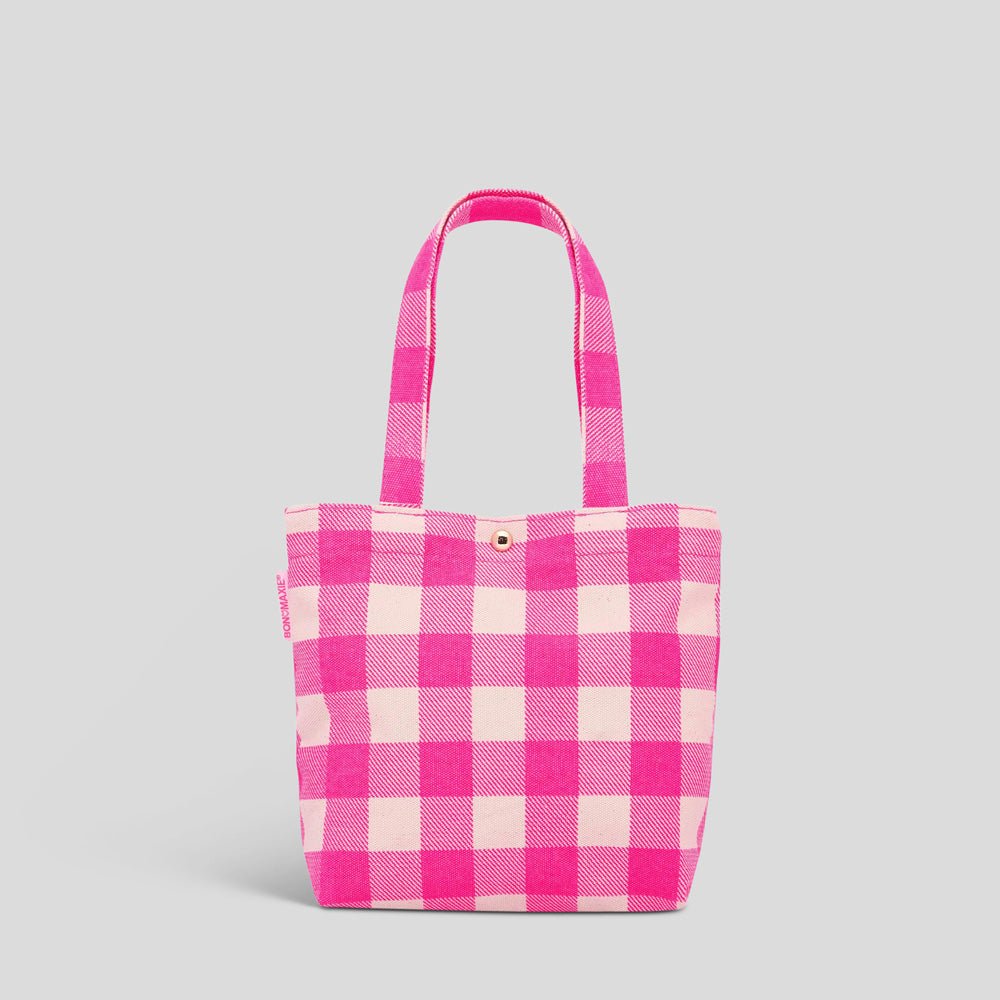 Mini Bonnie Tote Bag - Neon Pink Gingham Checkered Pattern Crossbody Shoulder Bag for Women | Perfect for Beach, Shopping & Daily Use