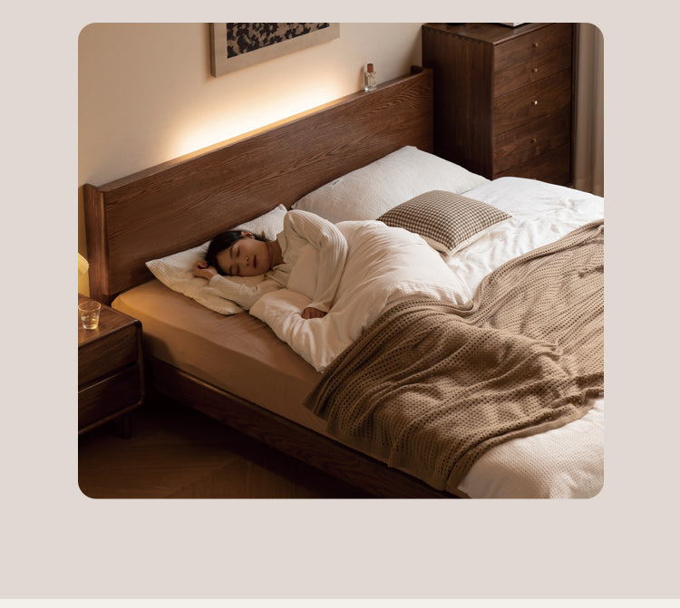 Solid Oak Wood Modern Bed Frame with LED Night Lights in Walnut Finish - Perfect for Bedroom Decor and Cozy Nighttime Ambiance