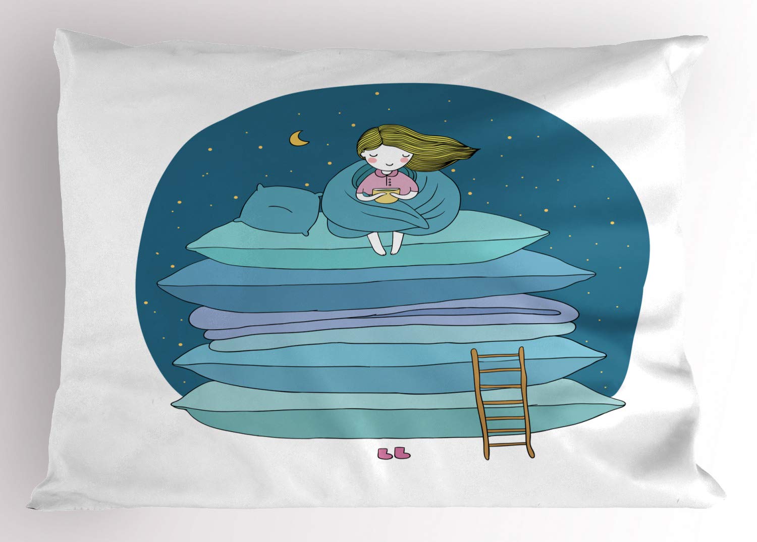 Ambesonne Cartoon Pillow Sham - Girl Sitting on Pile of Pillows Drinking Milk, Decorative Standard Size Printed Pillowcase (26