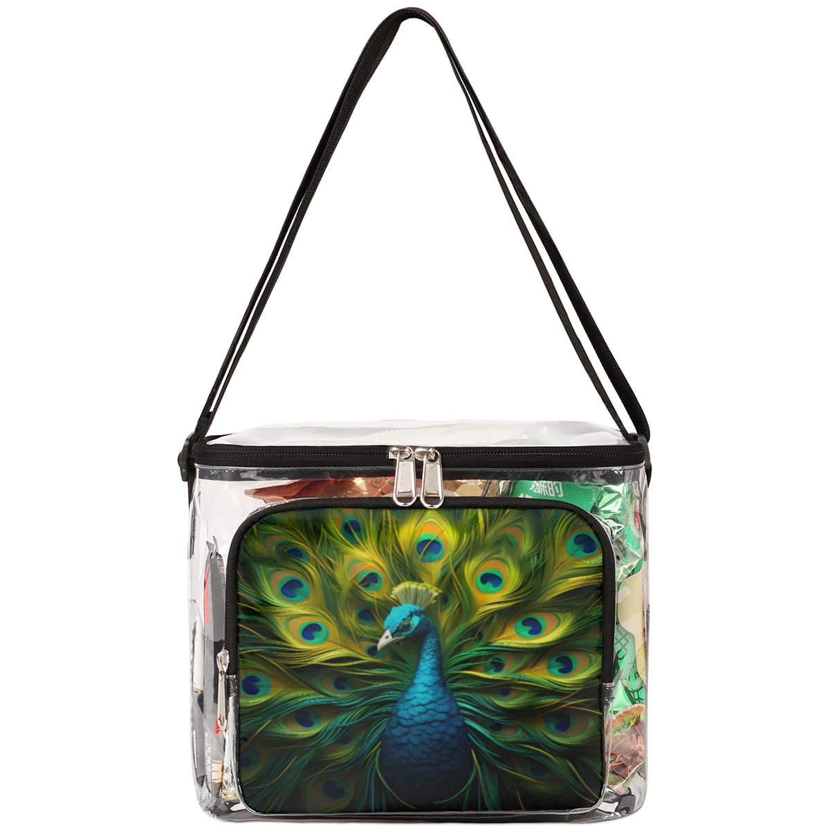 GzLeyigou Peacock Feather Design Clear Tote Bag with Handles - Transparent Crossbody Shoulder Bag for Lunch, Outdoor, Travel, Picnic, Concerts & Sports Events - Stadium Approved Multi-Purpose Carryall for Women's Fashion Accessories