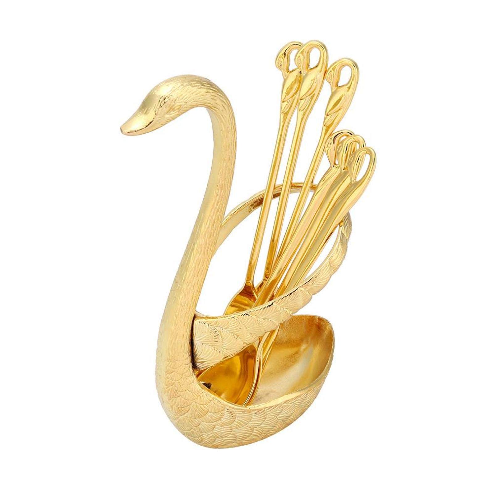 Elegant Swan-Shaped Metal Flatware Set - 3 Forks & 3 Spoons with Gold Holder for Coffee, Dessert, Dinner & Fruit | Stylish Tableware for Parties, Weddings & Home Decor