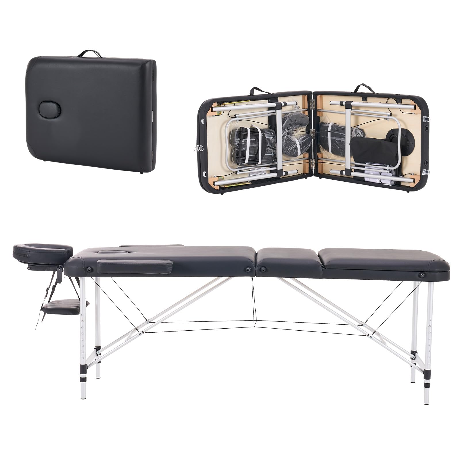 YOUNIKE Professional Portable Massage Table - Lightweight Aluminum Folding Lash Bed for Eyelash Extensions, Facial Spa & Tattoo - Height Adjustable Beauty Salon & Home Use - Perfect for Therapists, Estheticians & Tattoo Artists (Black)