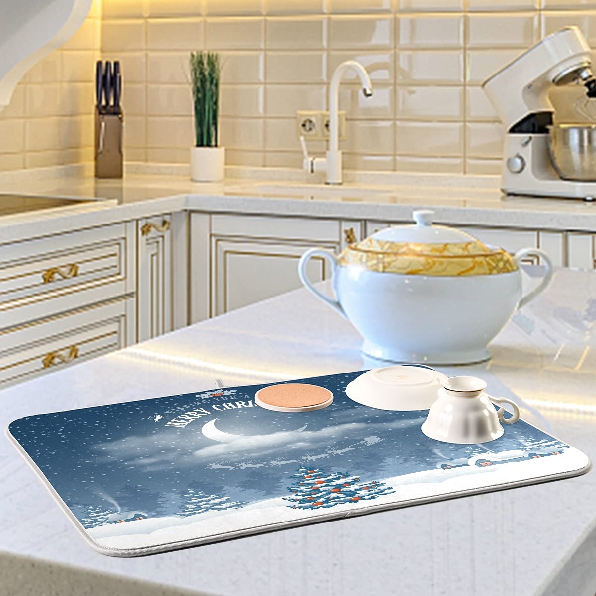 Premium Christmas-Themed Microfiber Dish Drying Mat - Super Absorbent, Heat Resistant Kitchen Counter Pad (16