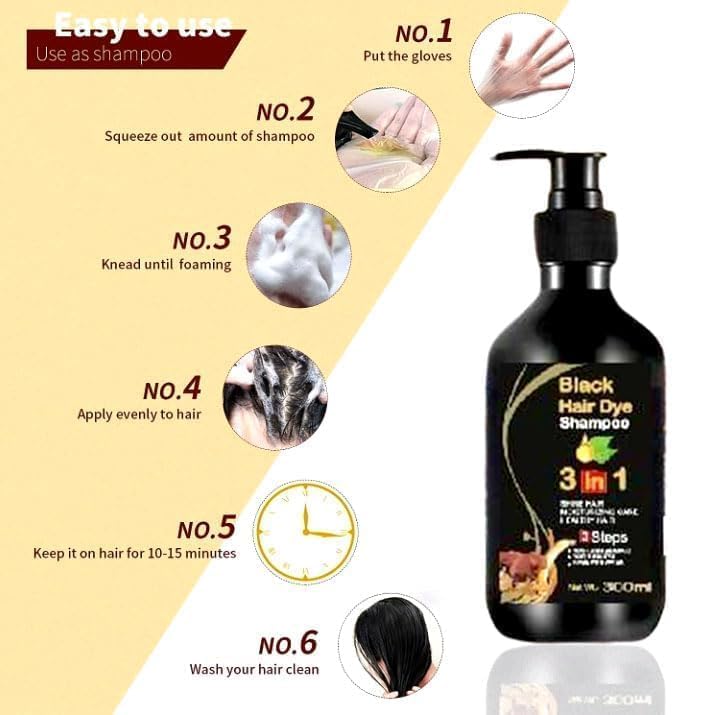 DD Organic Herbal 3-in-1 Instant Black Hair Dye Shampoo for Women & Men - 100% Gray Coverage, Natural Hair Color Treatment (300ml) - Perfect for Quick Touch-Ups at Home or Travel