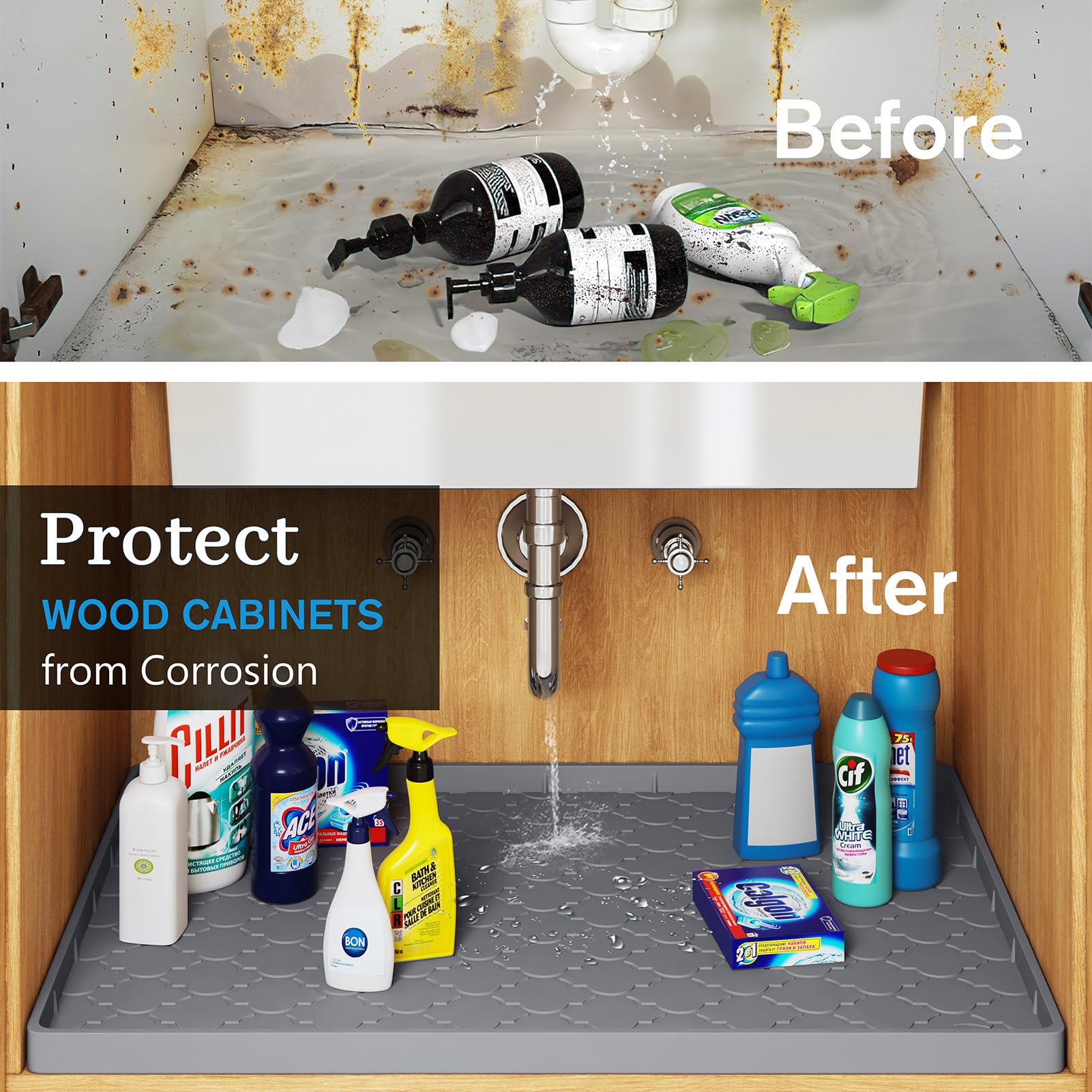Waterproof Silicone Under Sink Mat 22x19 Inch - Non Slip Cabinet Shelf Protector for Kitchen & Bathroom, Flexible Drip Tray for Sink Organizers & Storage - Perfect for Spill Protection Under Faucets (Dark Grey)