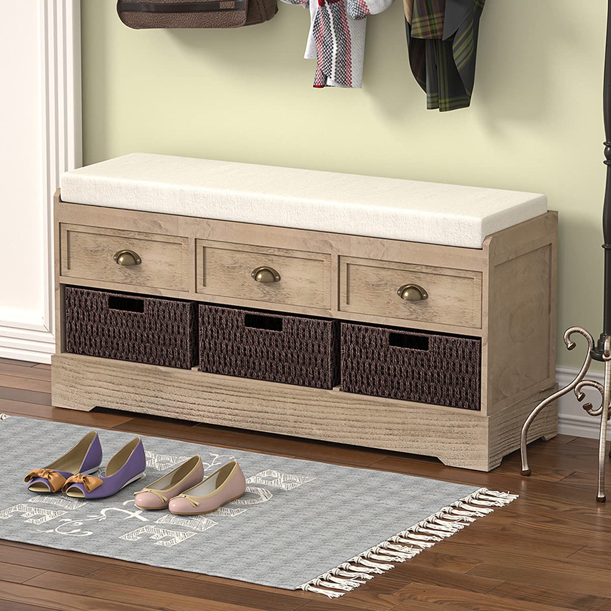 Multifunctional Entryway Storage Bench with 3 Drawers & Rattan Baskets - Shoe Organizer Bench with Removable Cushion for Hallway, Living Room, Bedroom - Perfect for Small Space Organization & Home Decor