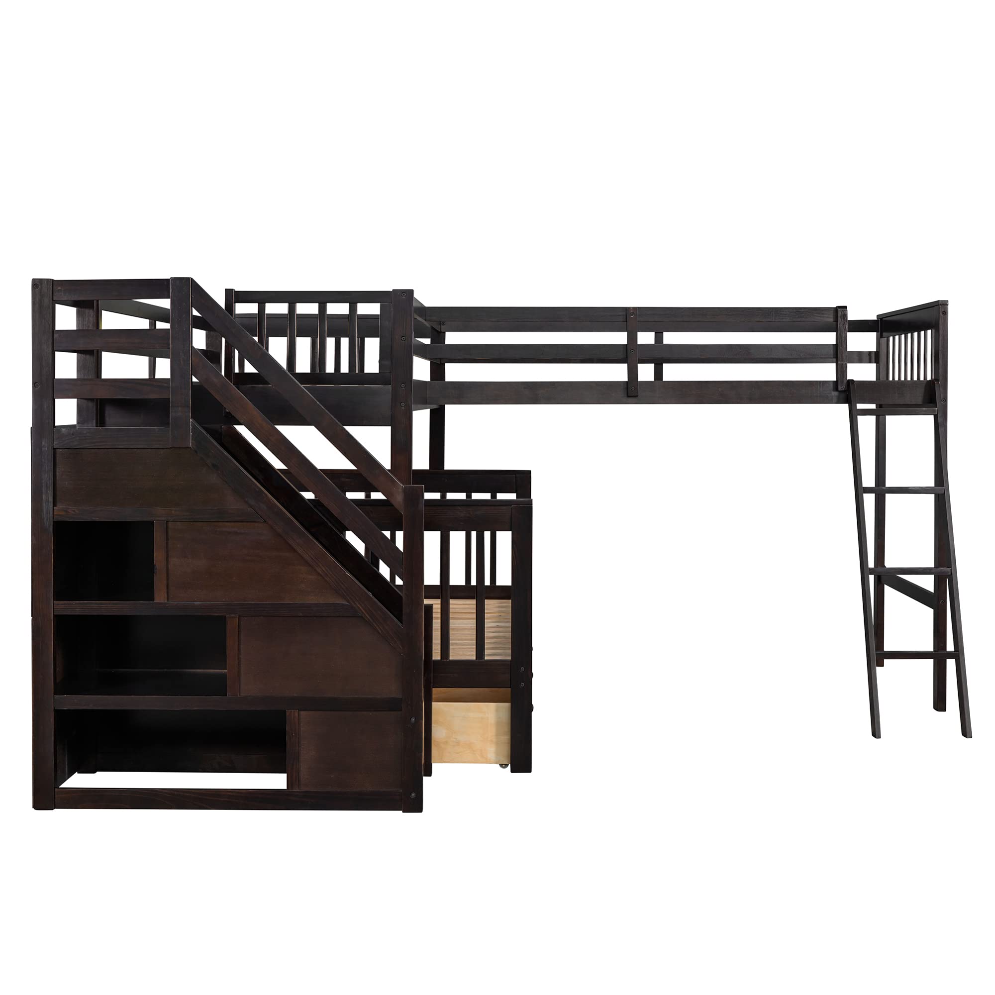 **Citylight Twin Over Full L-Shaped Triple Bunk Bed for Kids - Wooden Corner Bunk Bed with 3 Storage Drawers, Twin Loft Bed, Stairs & Ladder - Space-Saving Bunk Beds for Boys, Girls & Teens in Espresso - Perfect for Small Bedrooms, Shared Kids' Rooms & Vacation Homes**